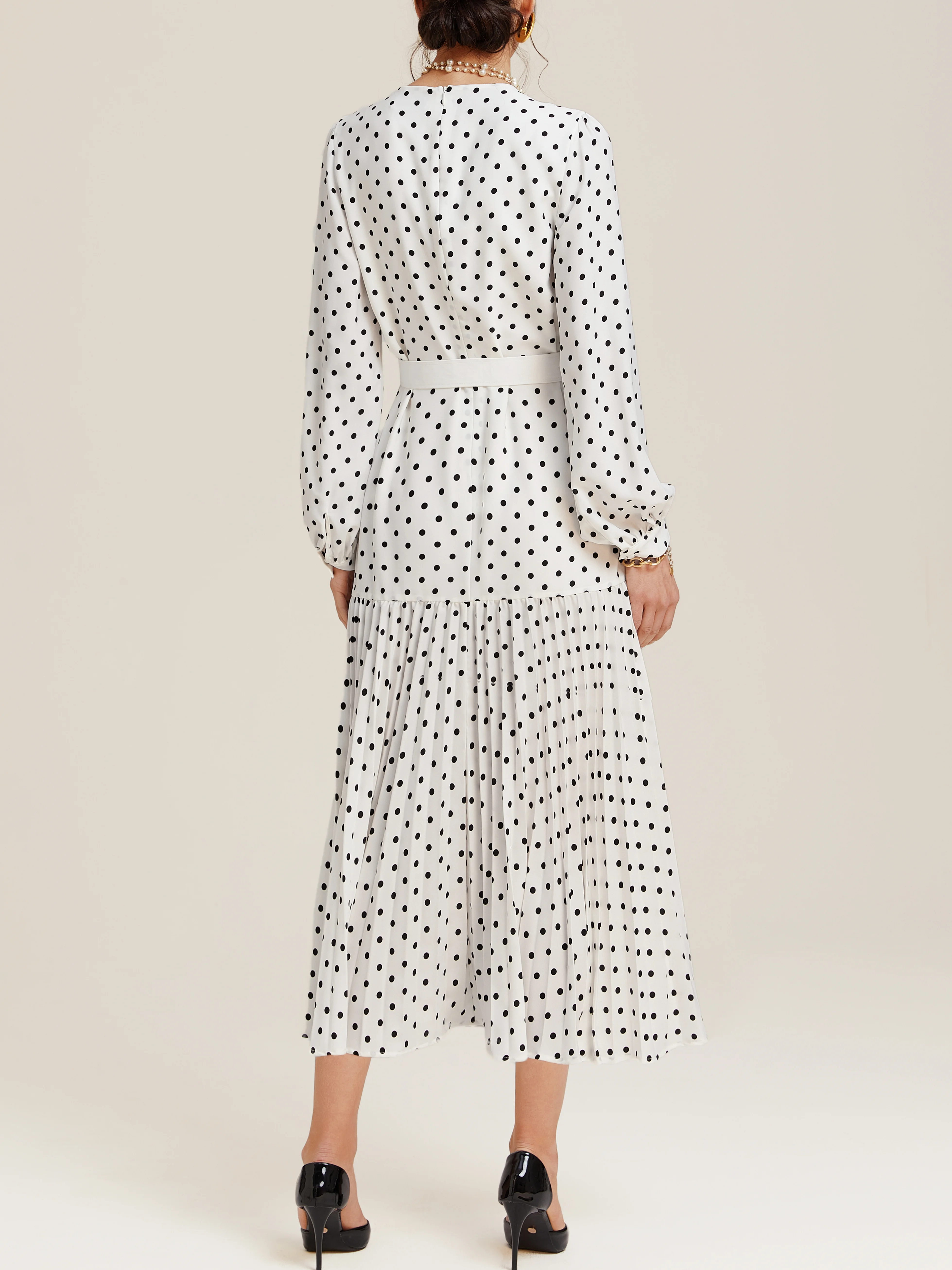 White Pleated Polka Dots Classic Crew Neck Long Balloon Sleeve A-Line Midi Dress