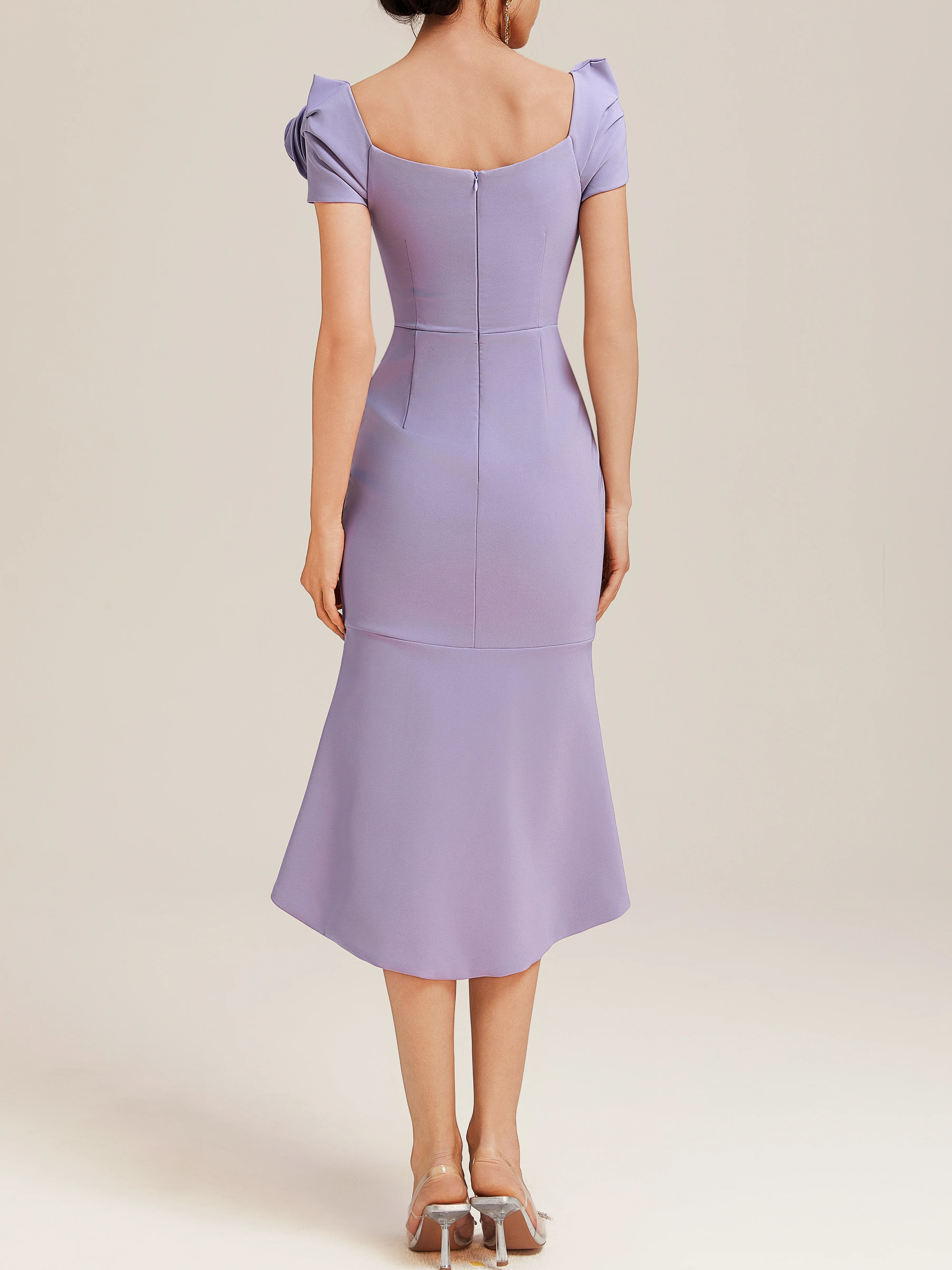 Purple Ruched 3D Floral Classic V Neck Short Sleeve Sheath Midi Dress