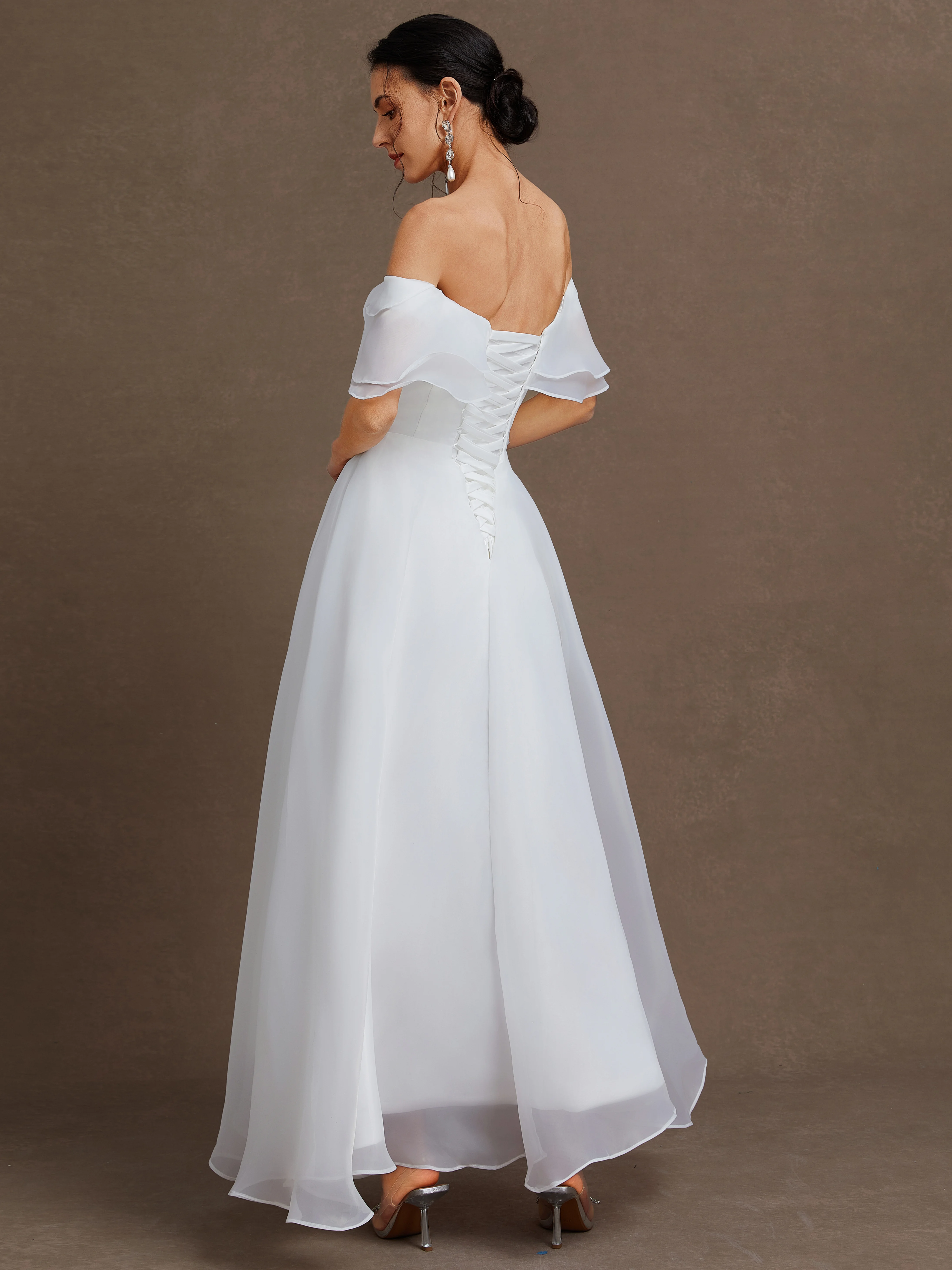 White Wedding Dress Off The Shoulder Short Sleeve A-Line Gown