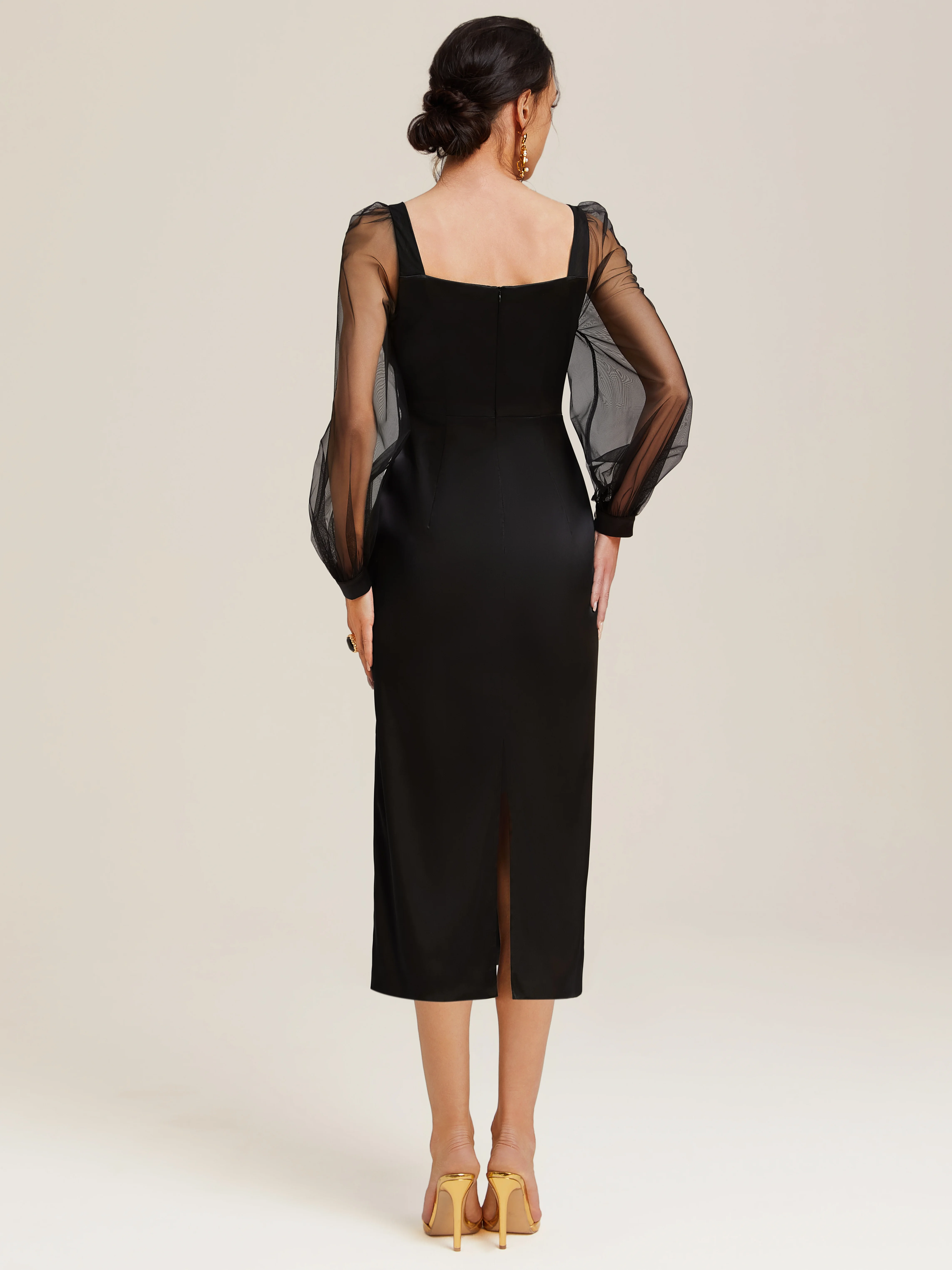 Black Mesh Satin Sweetheart Neckline Long Sleeve Balloon Sleeve Sheath Midi Dress