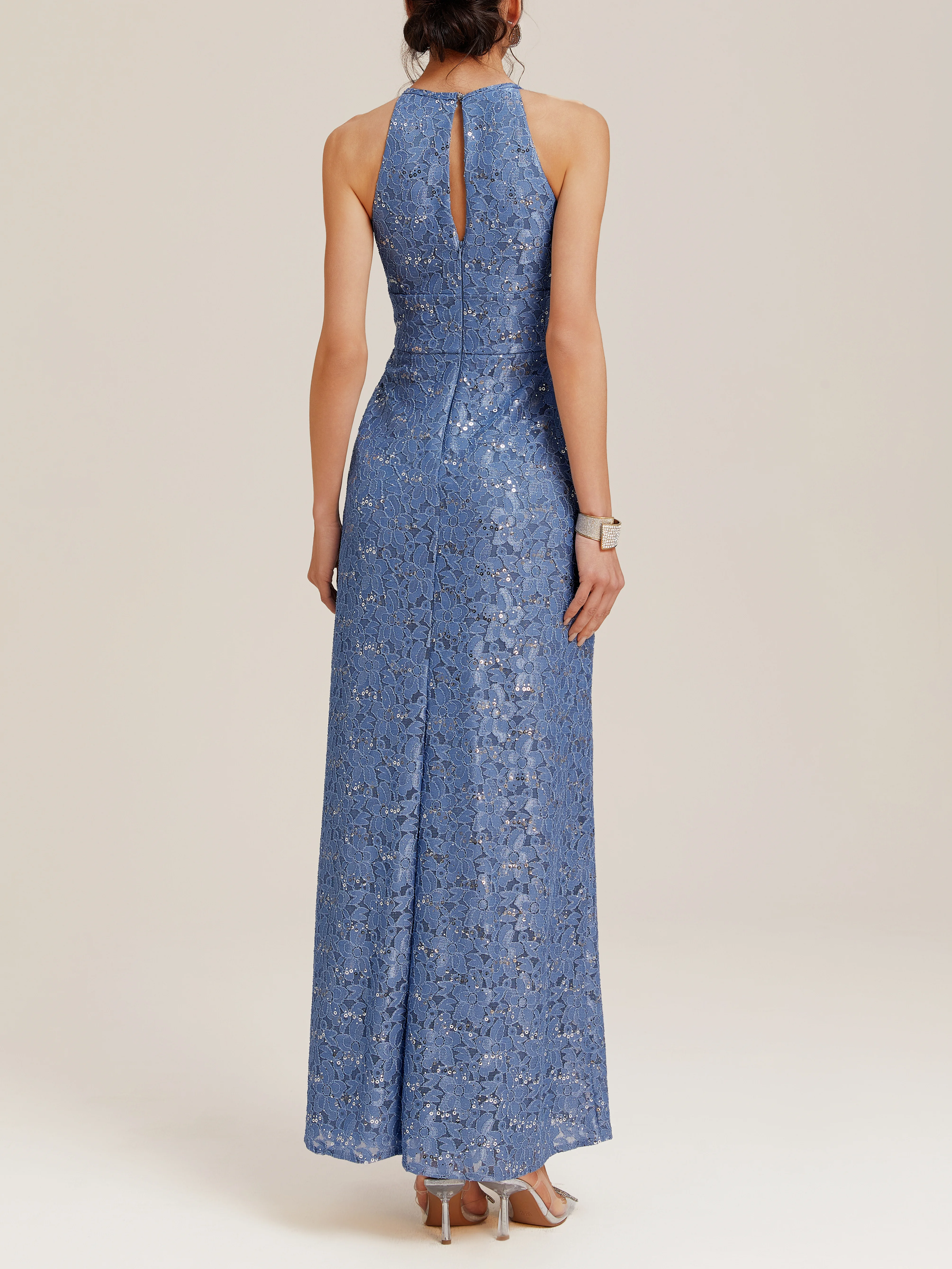 Blue Lace Crew Neck Gallus Sheath Maxi Dress