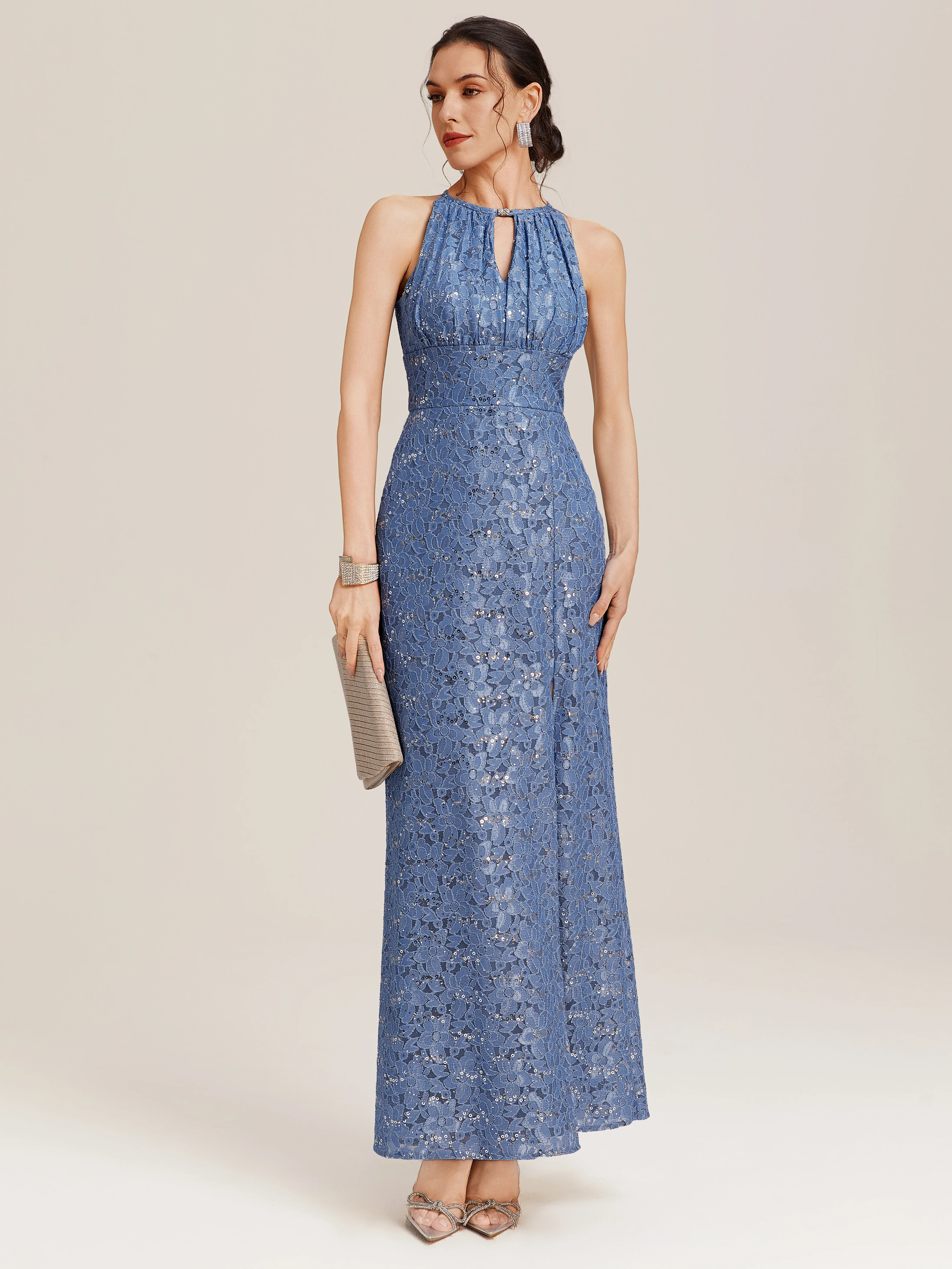 Blue Lace Crew Neck Gallus Sheath Maxi Dress