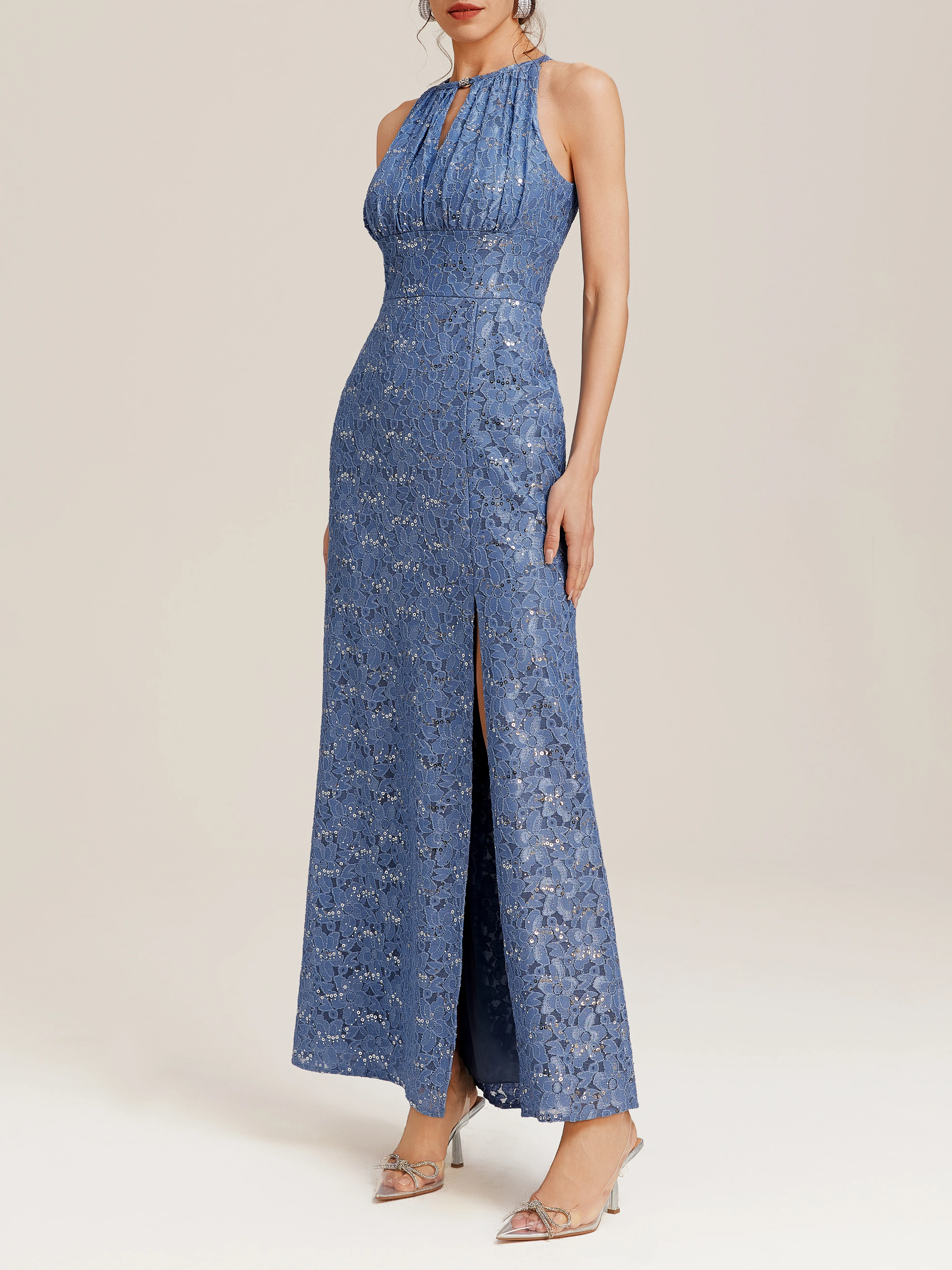 Blue Lace Crew Neck Gallus Sheath Maxi Dress