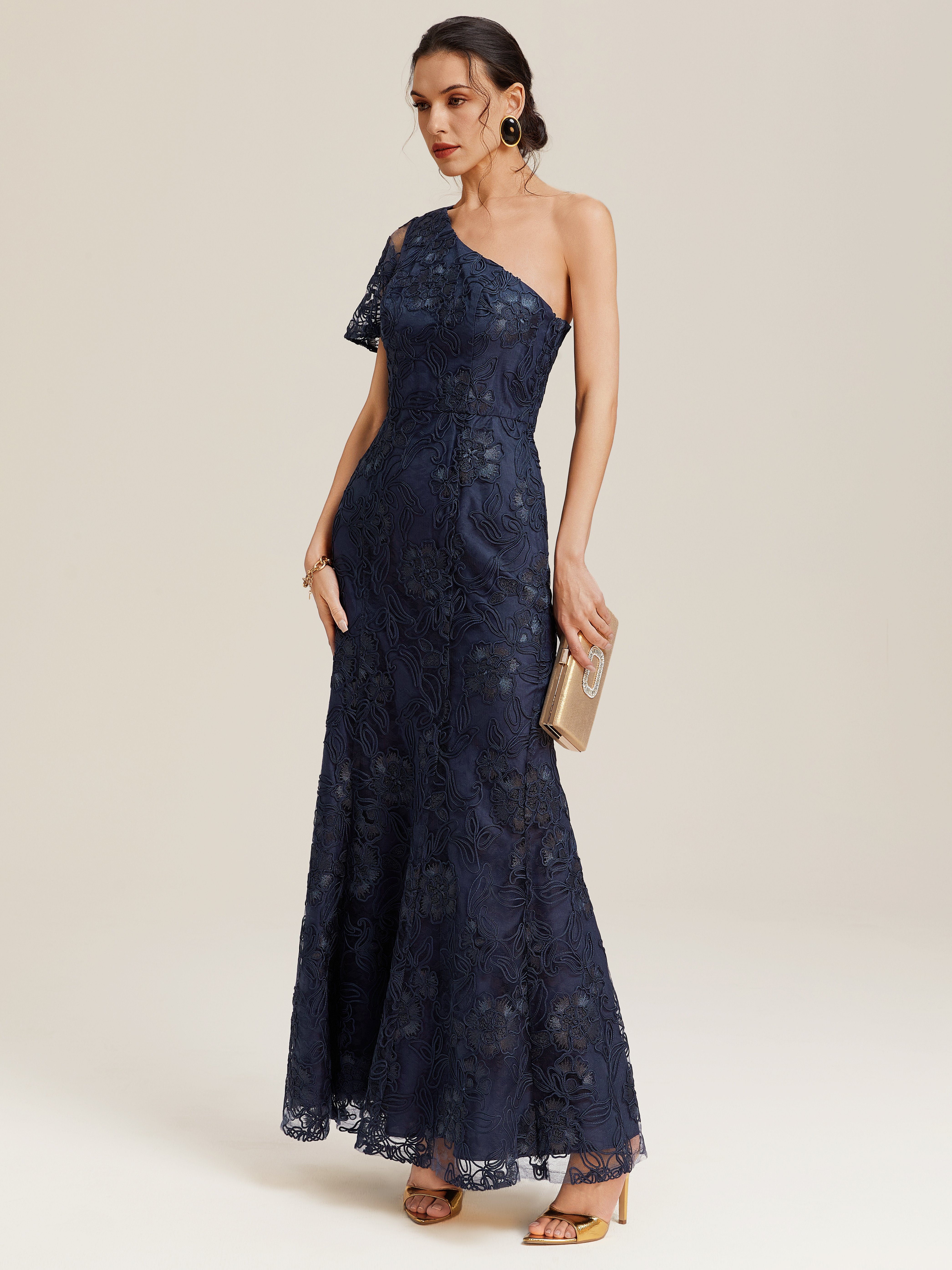 Purplish blue Lace One Shoulder Short Sleeve A-Line Maxi Dress