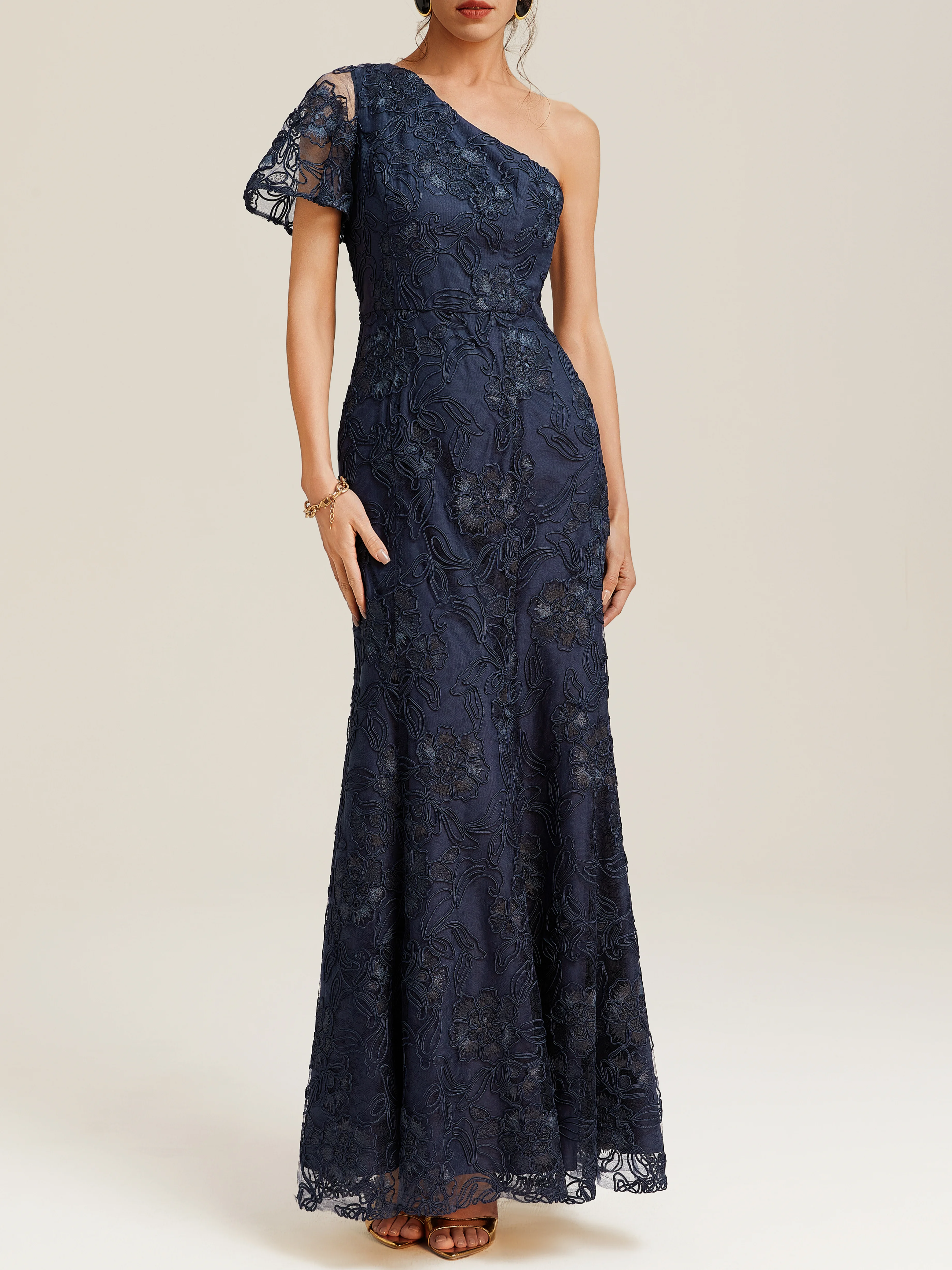 Purplish blue Lace One Shoulder Short Sleeve A-Line Maxi Dress