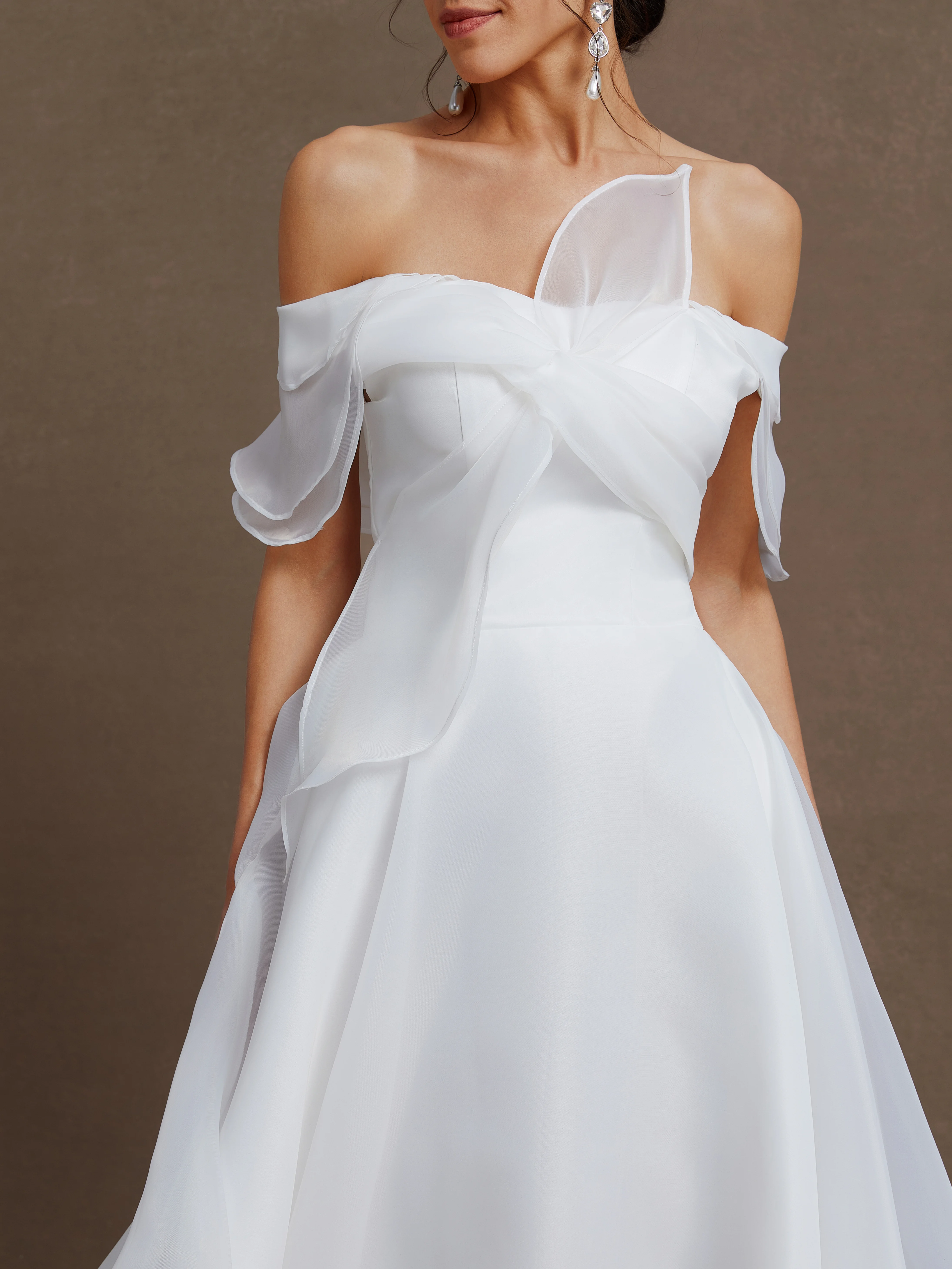 White Wedding Dress Off The Shoulder Short Sleeve A-Line Gown