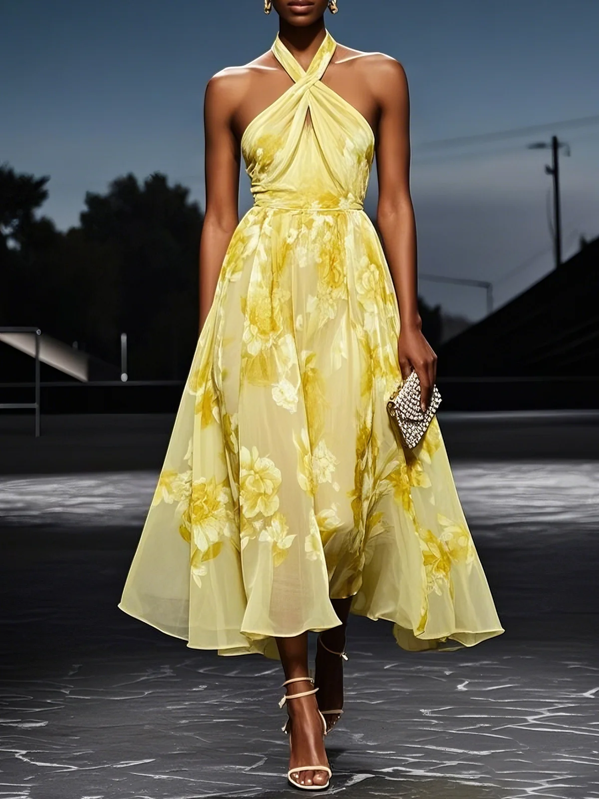 Yellow  Floral Chiffon Halter Sleeveless A-Line Midi Dress