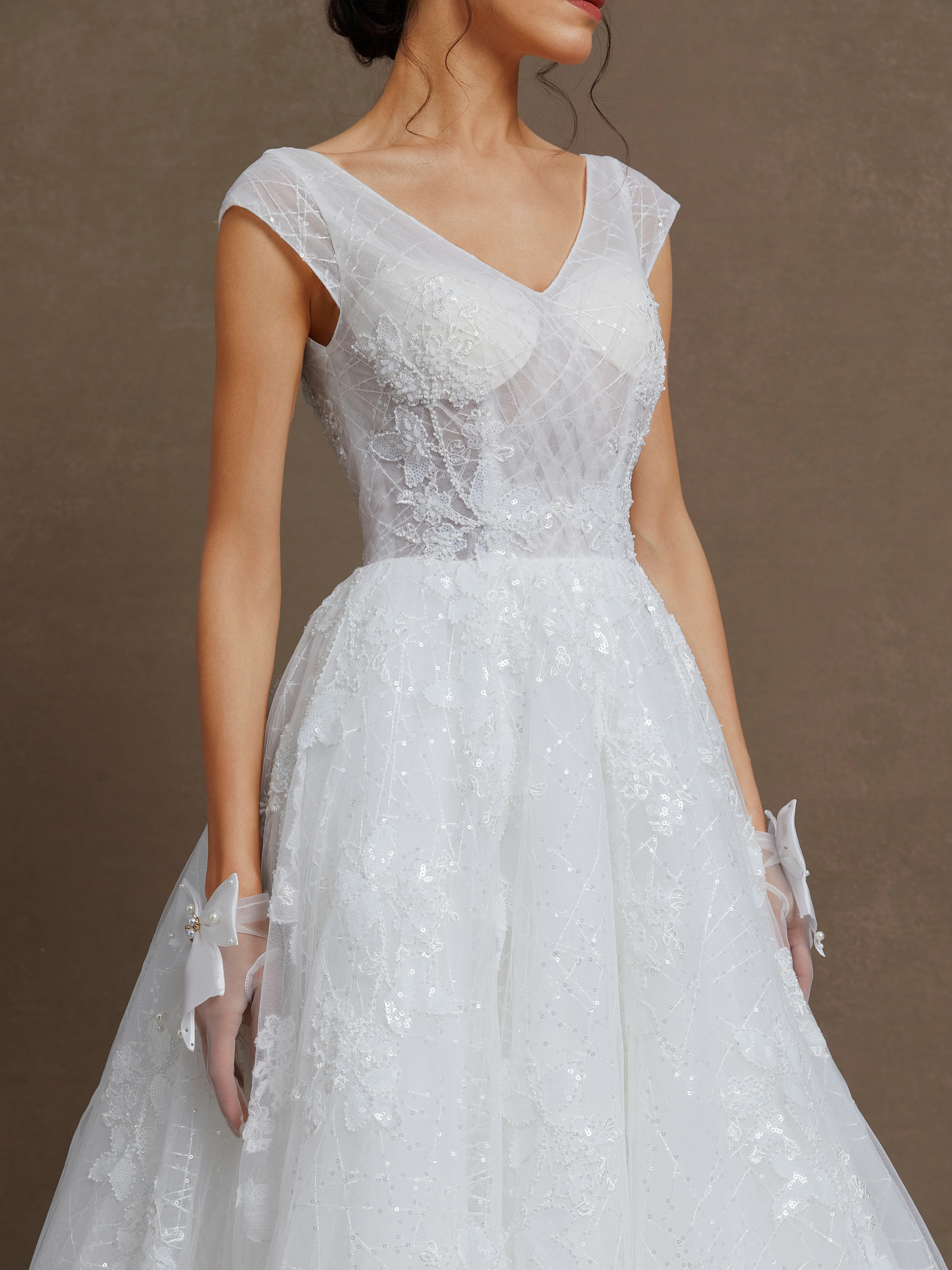 White Mesh Wedding Dress V Neck Sleeveless A-Line Gown