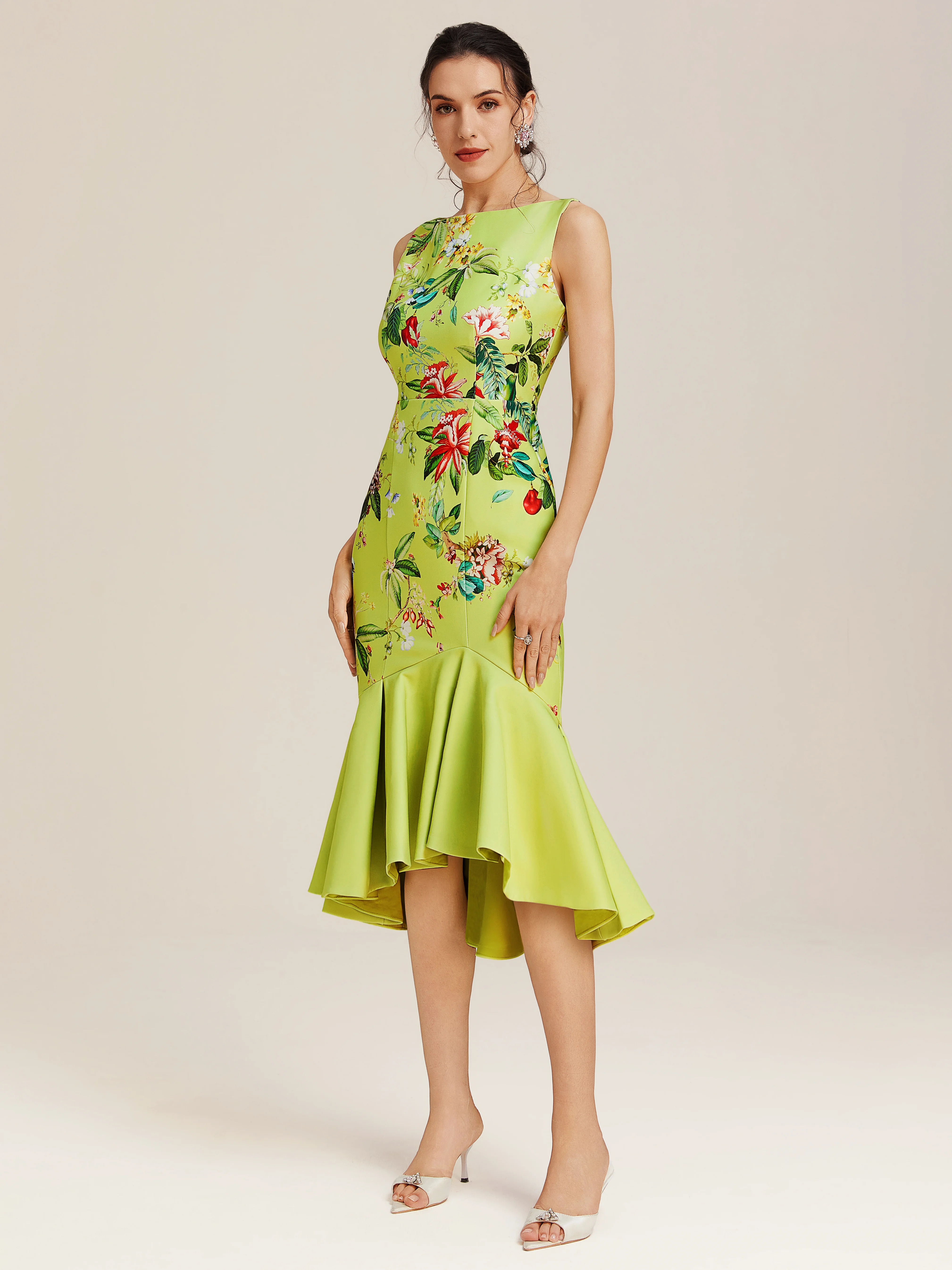 Green Floral Boat Neck Sleeveless Mermaid Midi Dress