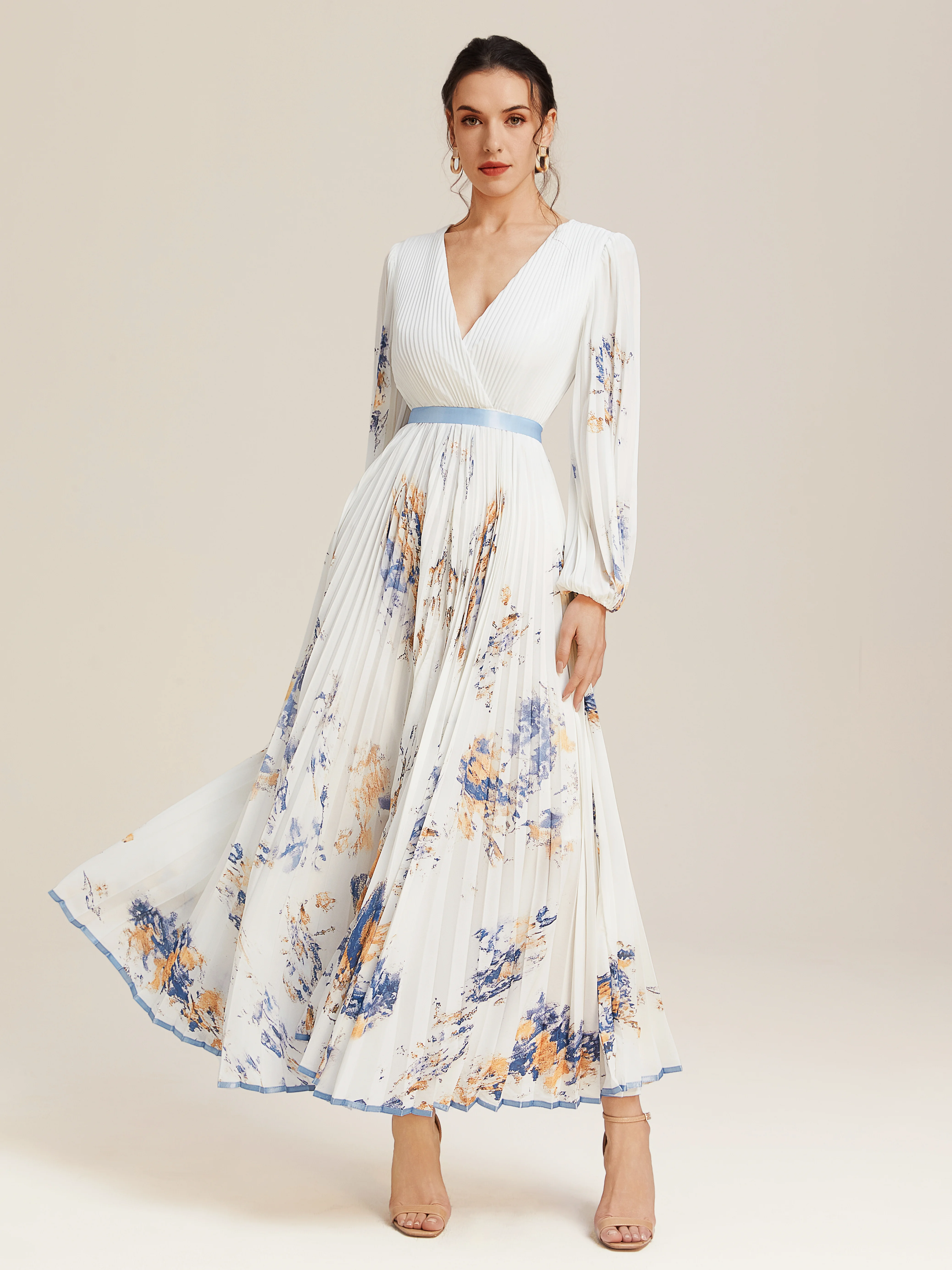 White Pleated Floral Chiffon V Neck Long Sleeve Balloon Sleeve A-Line Maxi Dress