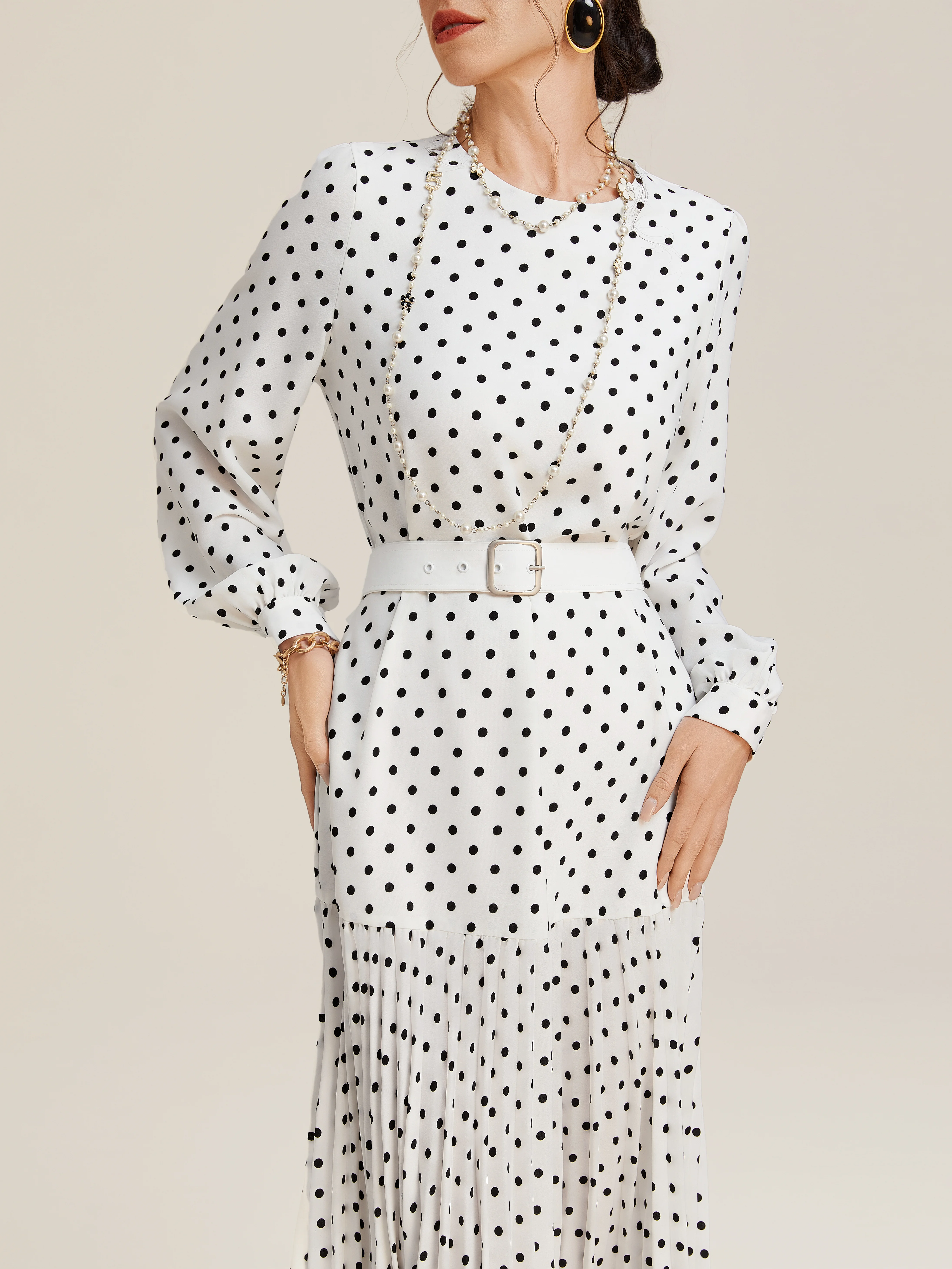 White Pleated Polka Dots Classic Crew Neck Long Balloon Sleeve A-Line Midi Dress