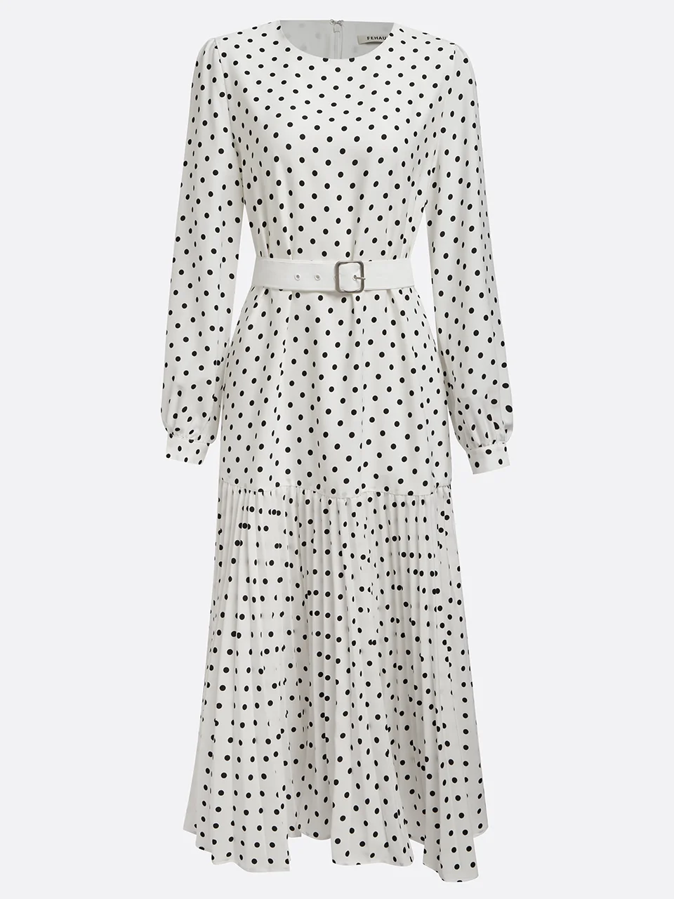 White Pleated Polka Dots Classic Crew Neck Long Balloon Sleeve A-Line Midi Dress