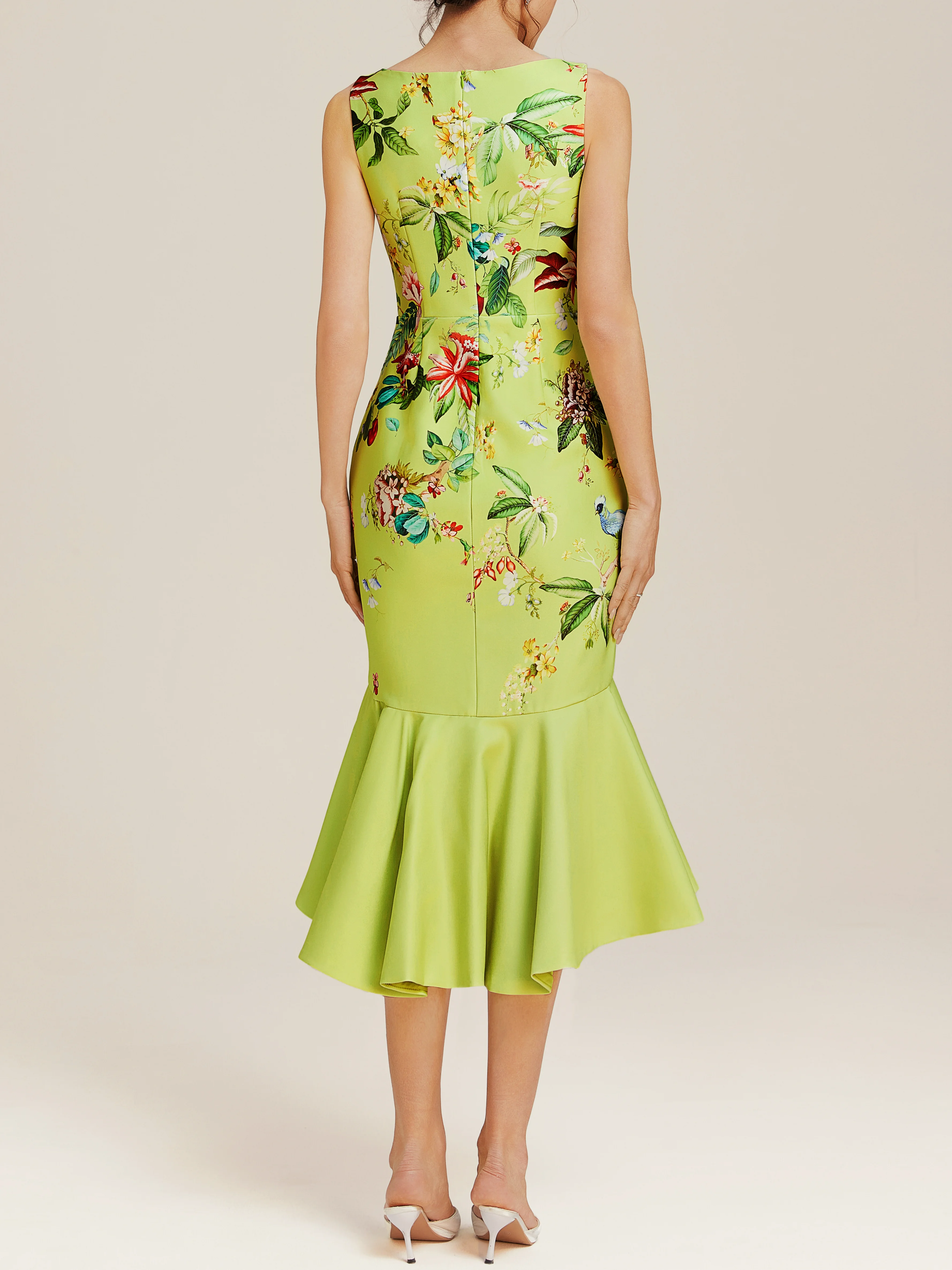 Green Floral Boat Neck Sleeveless Mermaid Midi Dress