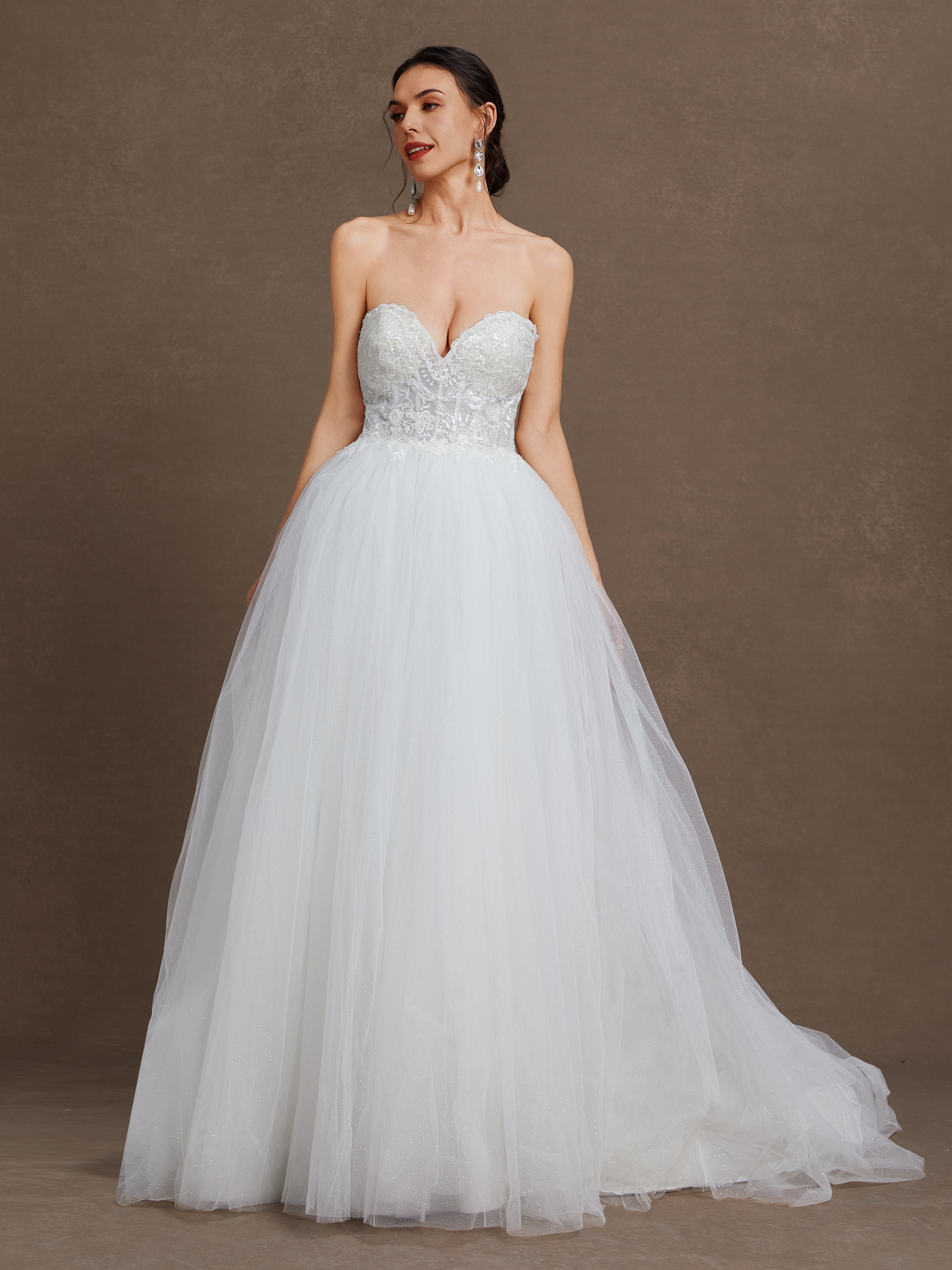 White Mesh Wedding Dress Strapless Sleeveless A-Line Gown