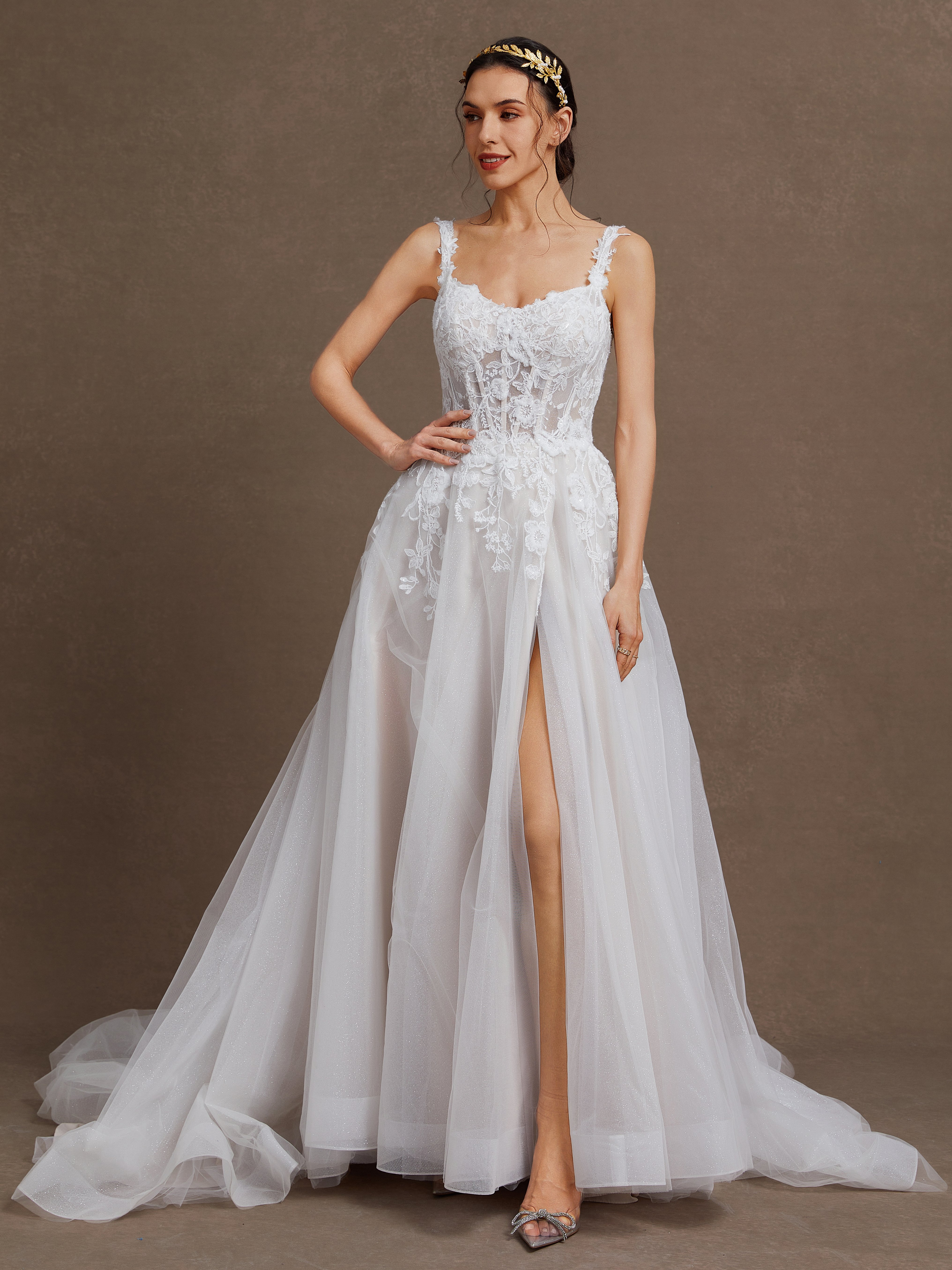 White Split Joint Ruched Wedding Dress V Neck Sleeveless A-Line Gown