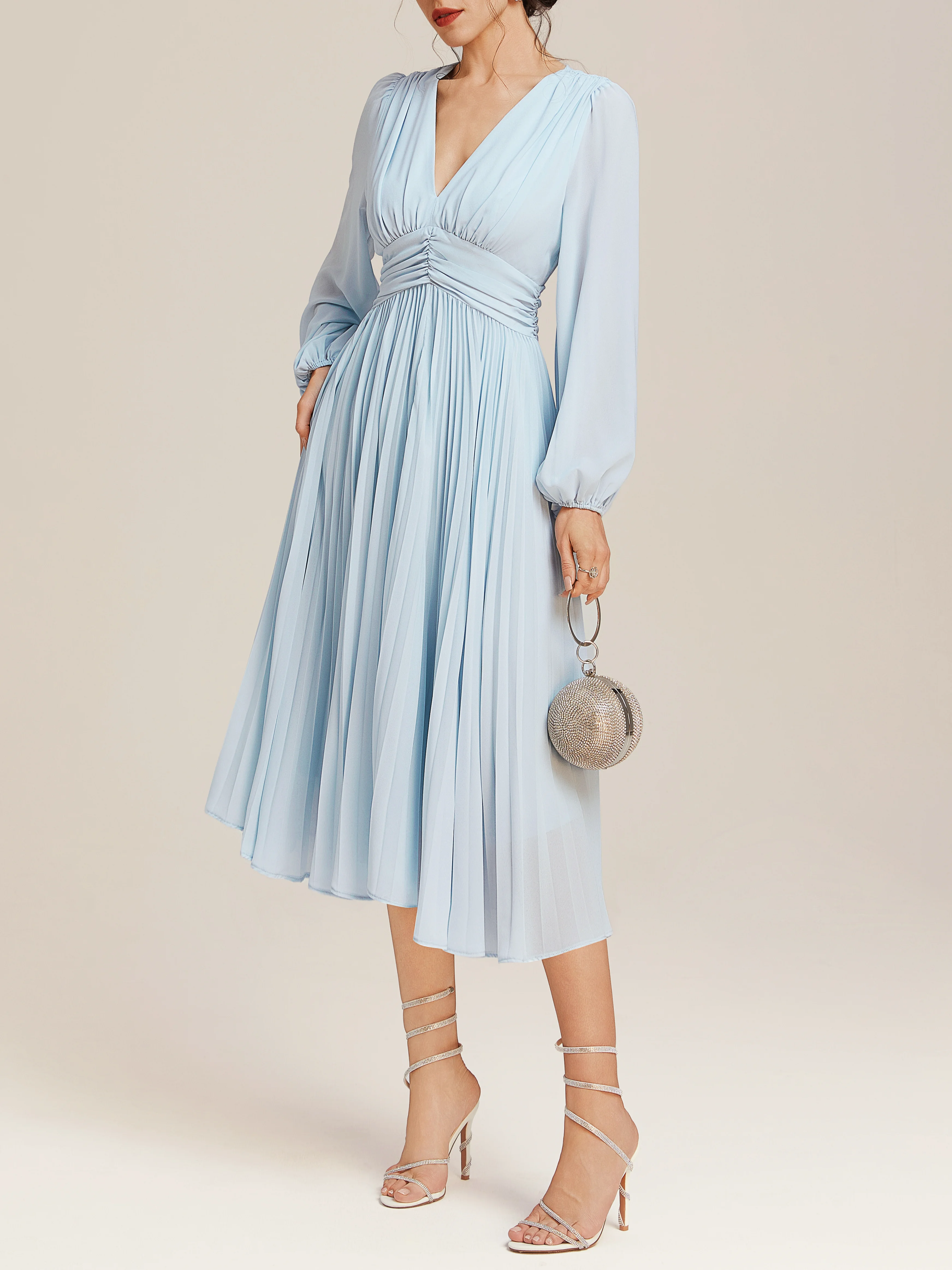 Light Blue Pleated Ruched Balloon Sleeve A-Line Midi Chiffon Dress