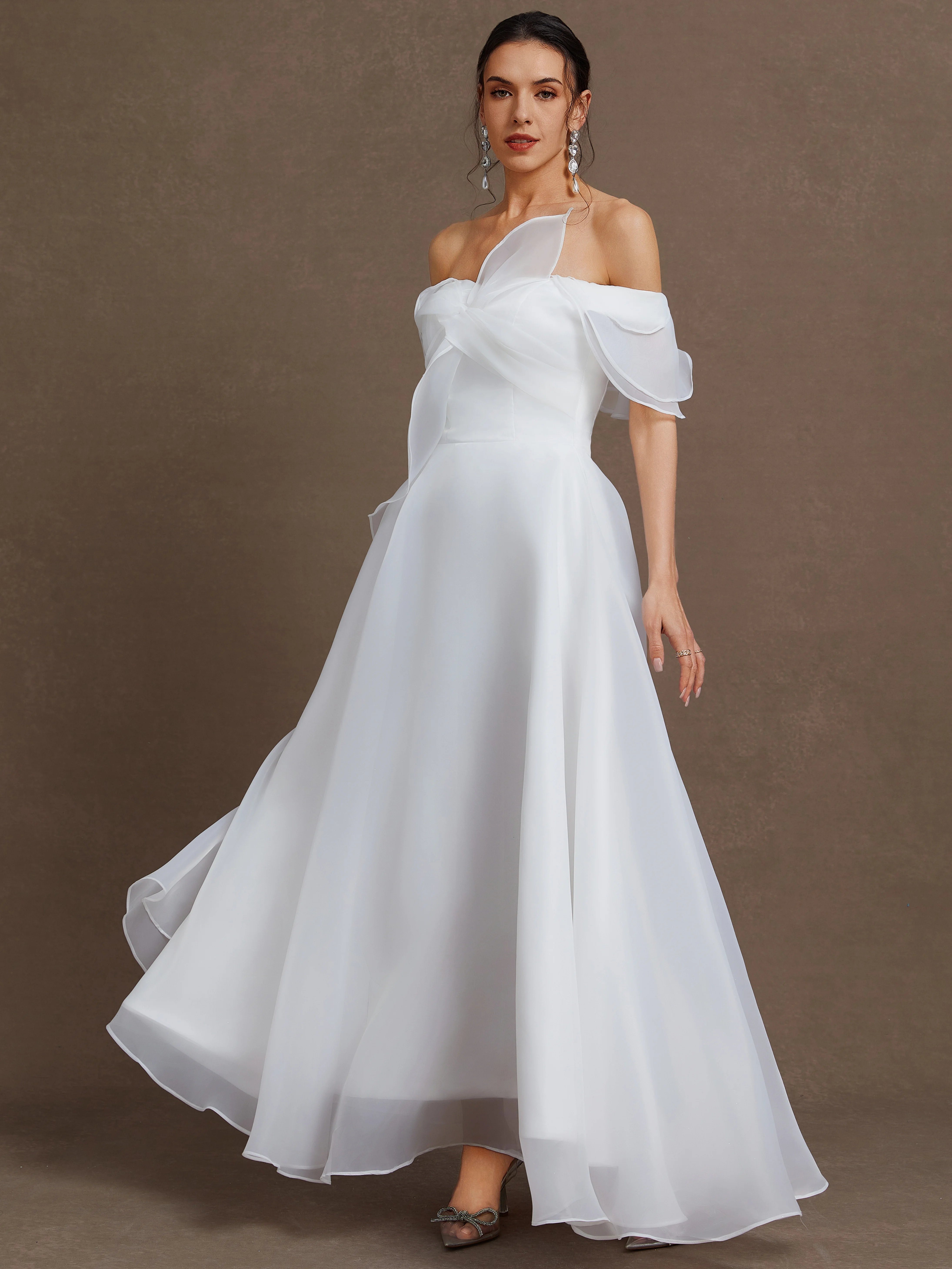 White Wedding Dress Off The Shoulder Short Sleeve A-Line Gown