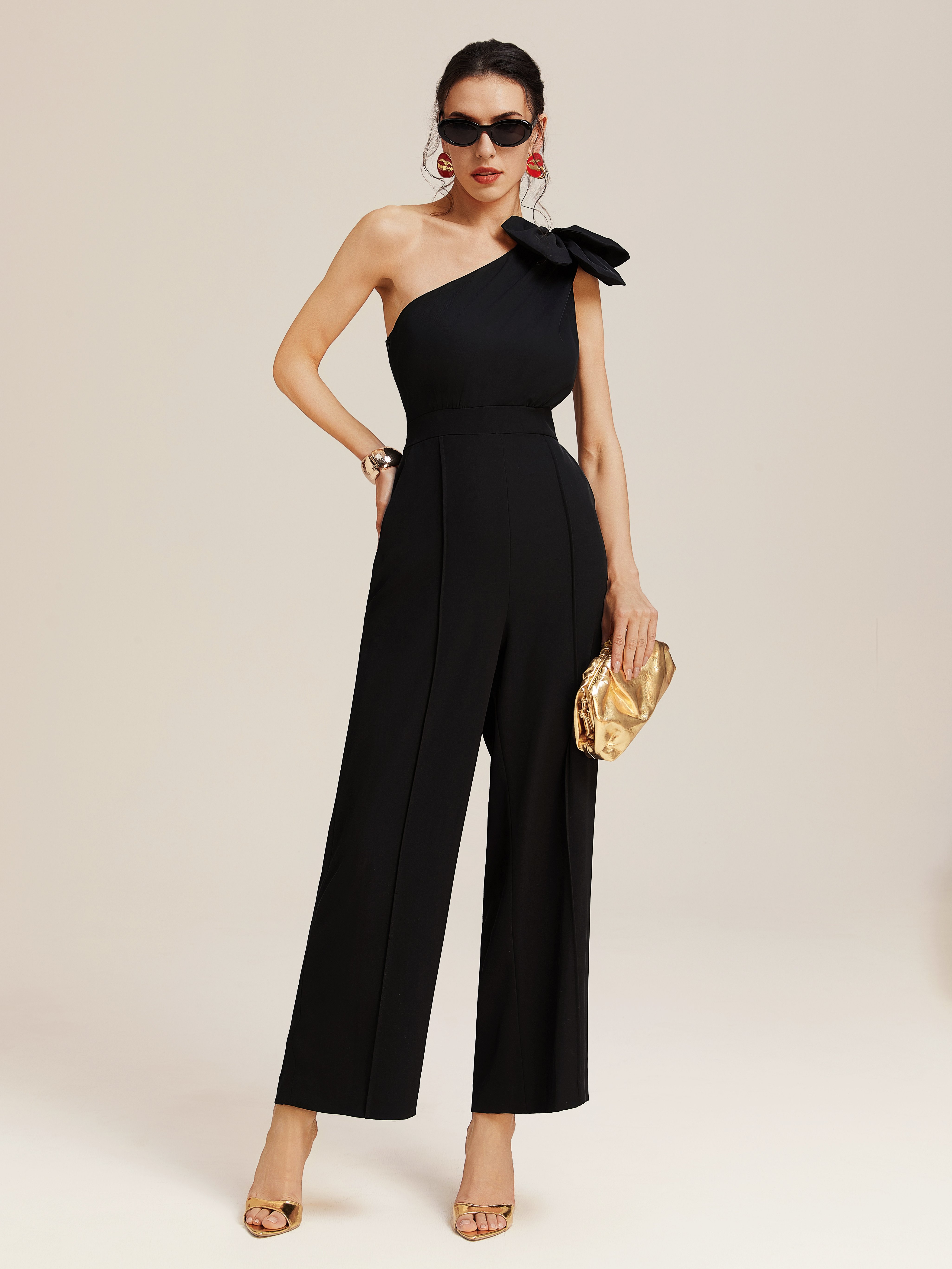 Black One Shoulder H-Line Jumpsuit