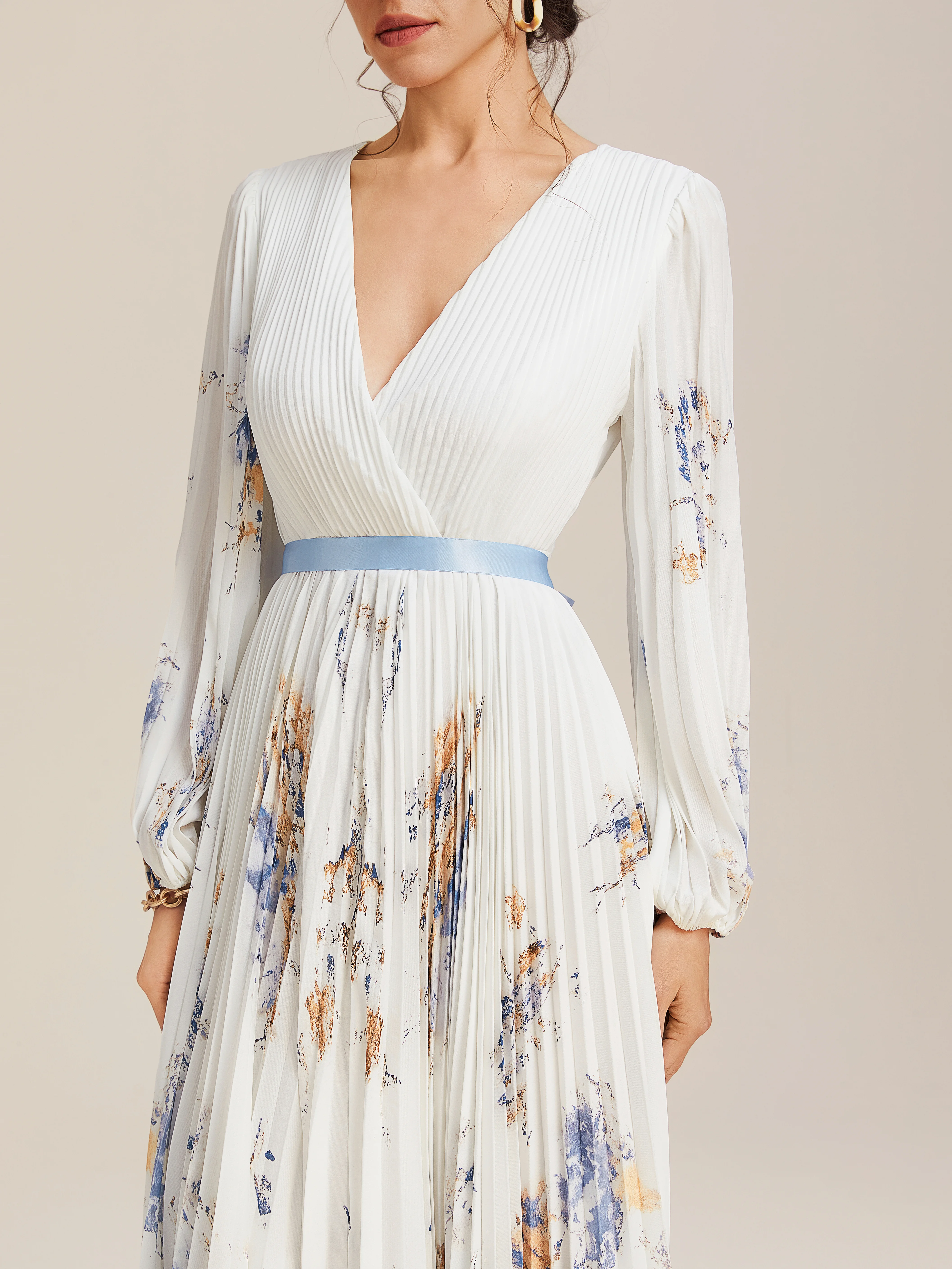 White Pleated Floral Chiffon V Neck Long Sleeve Balloon Sleeve A-Line Maxi Dress