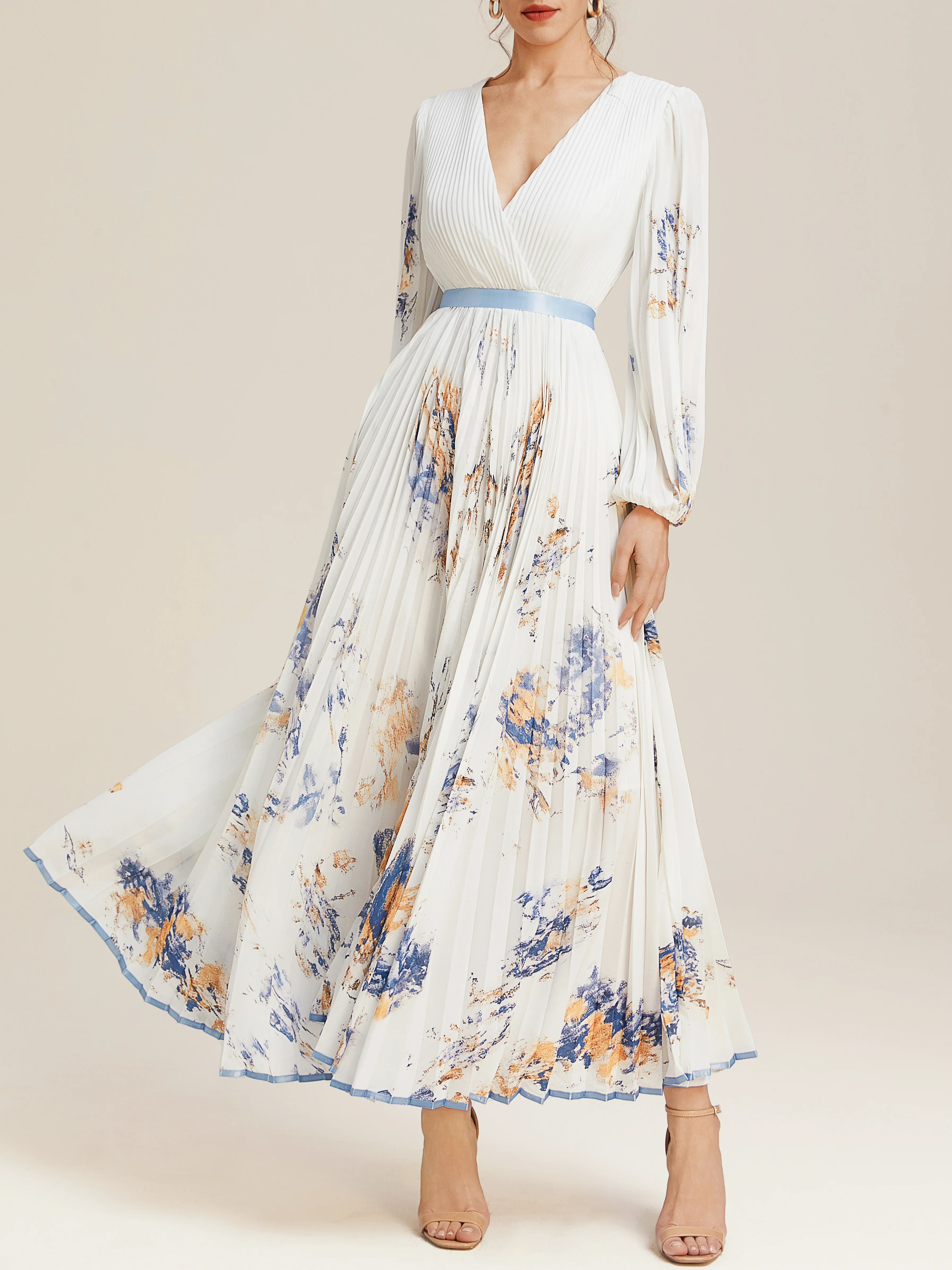 White Pleated Floral Chiffon V Neck Long Sleeve Balloon Sleeve A-Line Maxi Dress