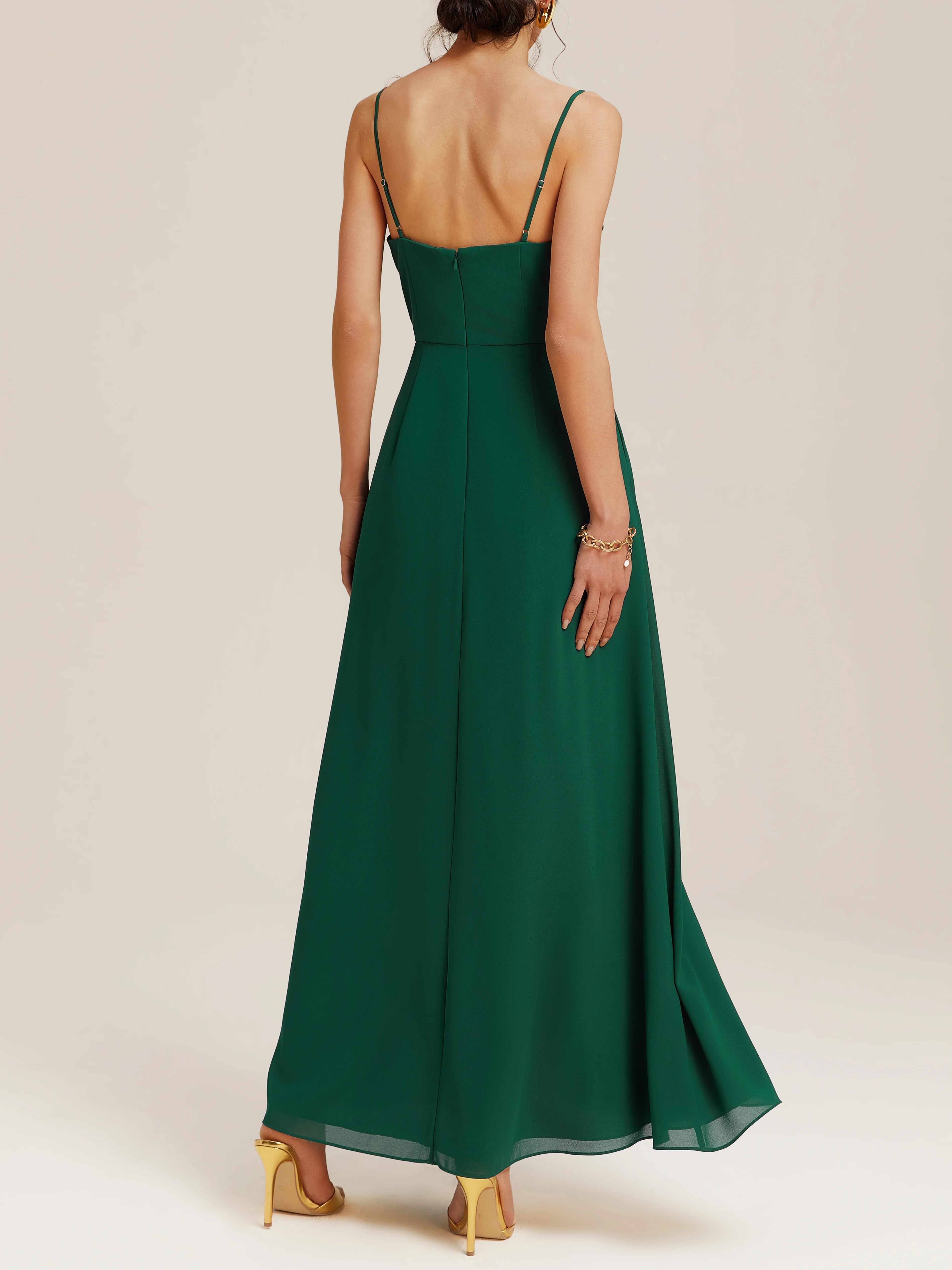 Green Slit Classic Spaghetti Gallus A-Line Maxi Dress