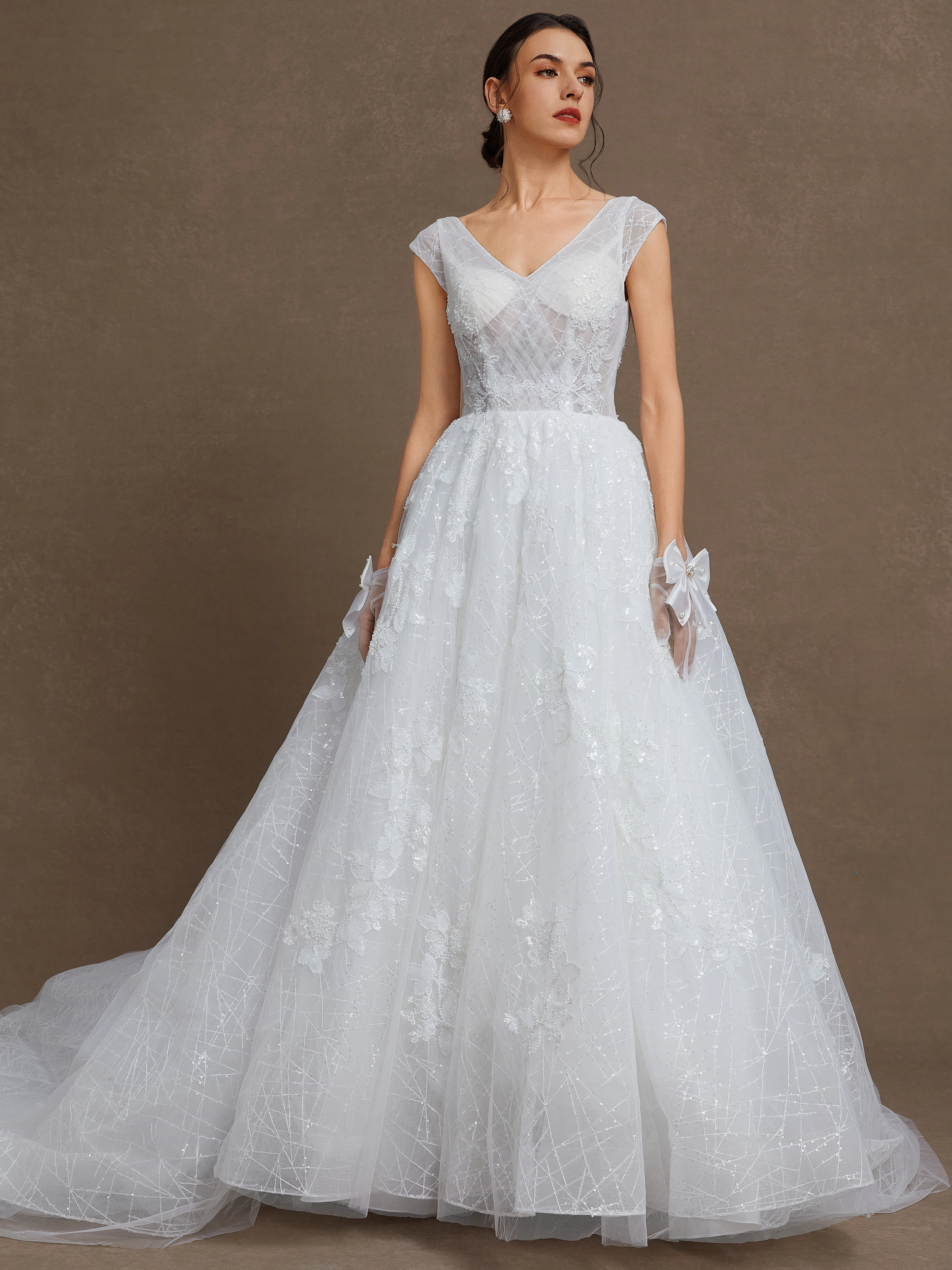 White Mesh Wedding Dress V Neck Sleeveless A-Line Gown