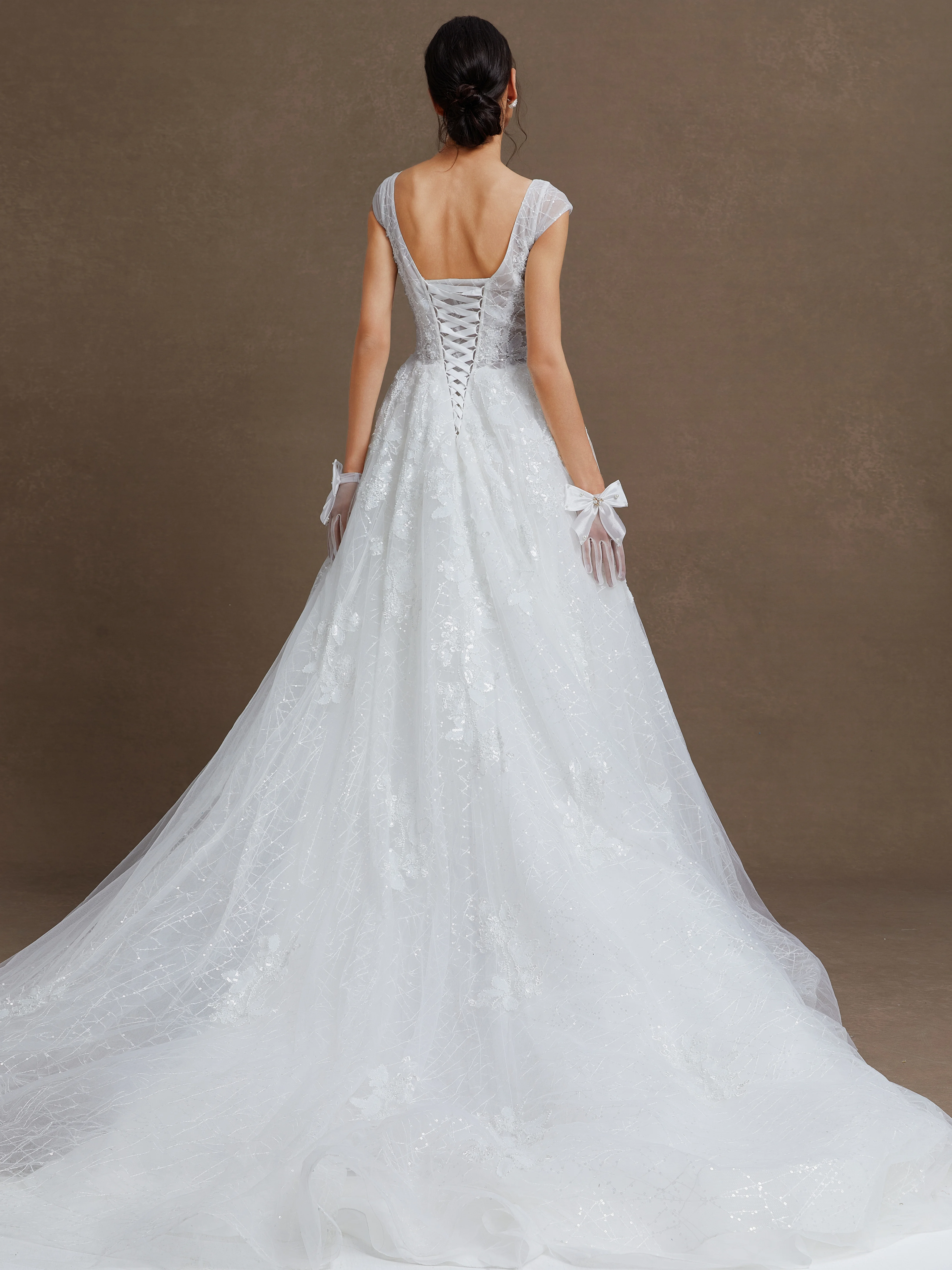 White Mesh Wedding Dress V Neck Sleeveless A-Line Gown