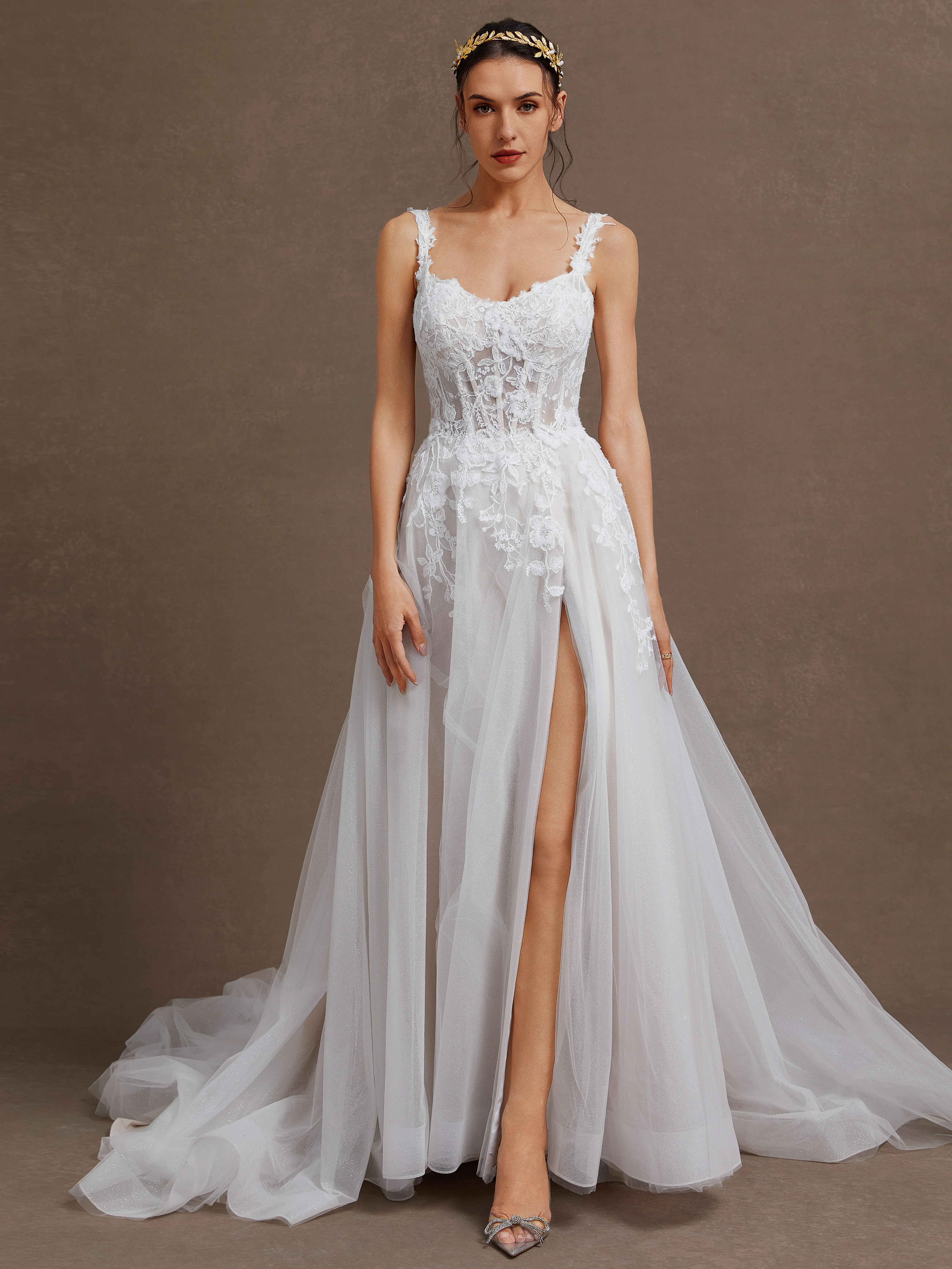 White Split Joint Ruched Wedding Dress V Neck Sleeveless A-Line Gown