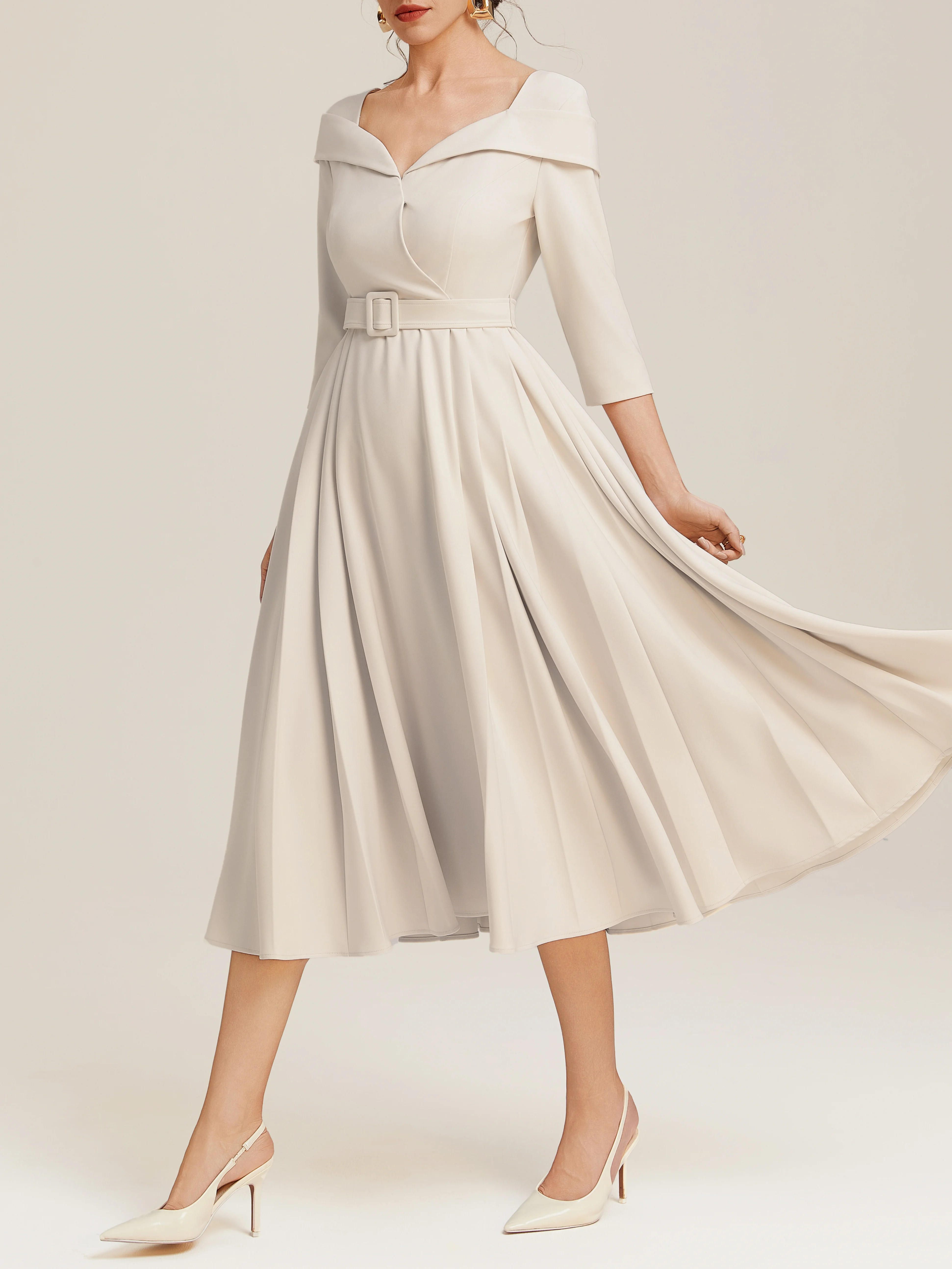 Off White Pleated Ruched Three Quarter Sleeve A-Line Maxi Dress