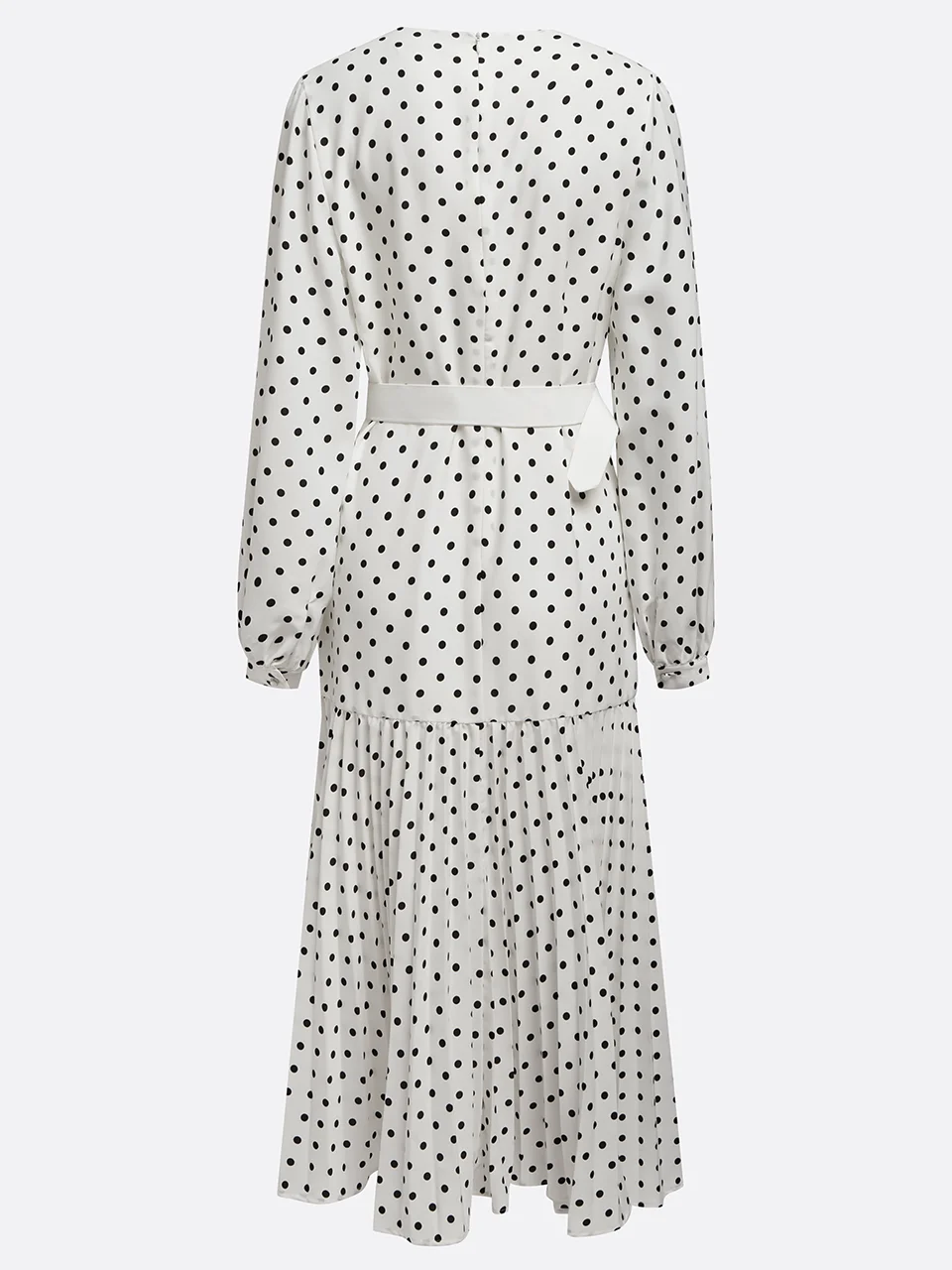 White Pleated Polka Dots Classic Crew Neck Long Balloon Sleeve A-Line Midi Dress