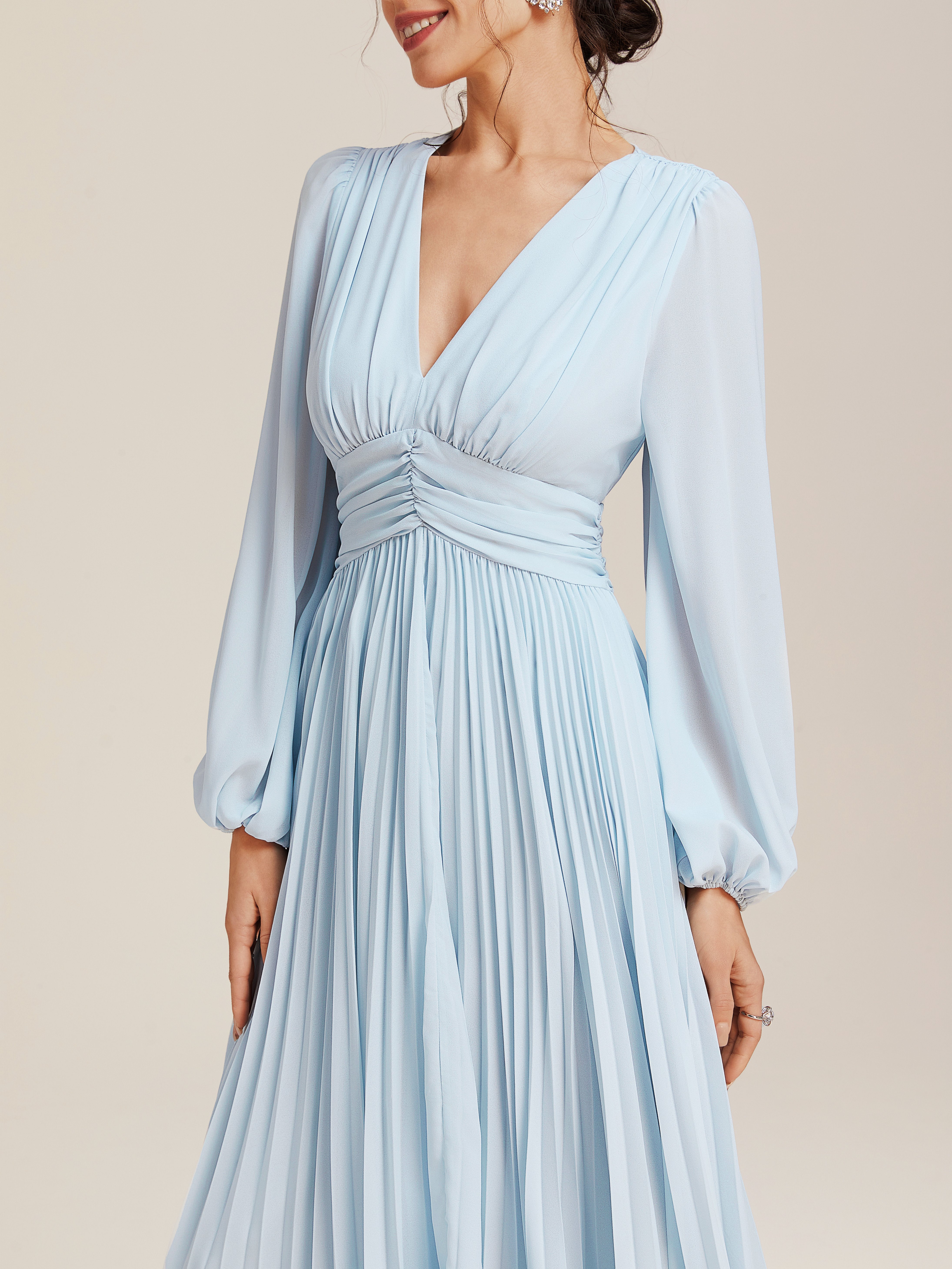 Light Blue Pleated Ruched Balloon Sleeve A-Line Midi Chiffon Dress