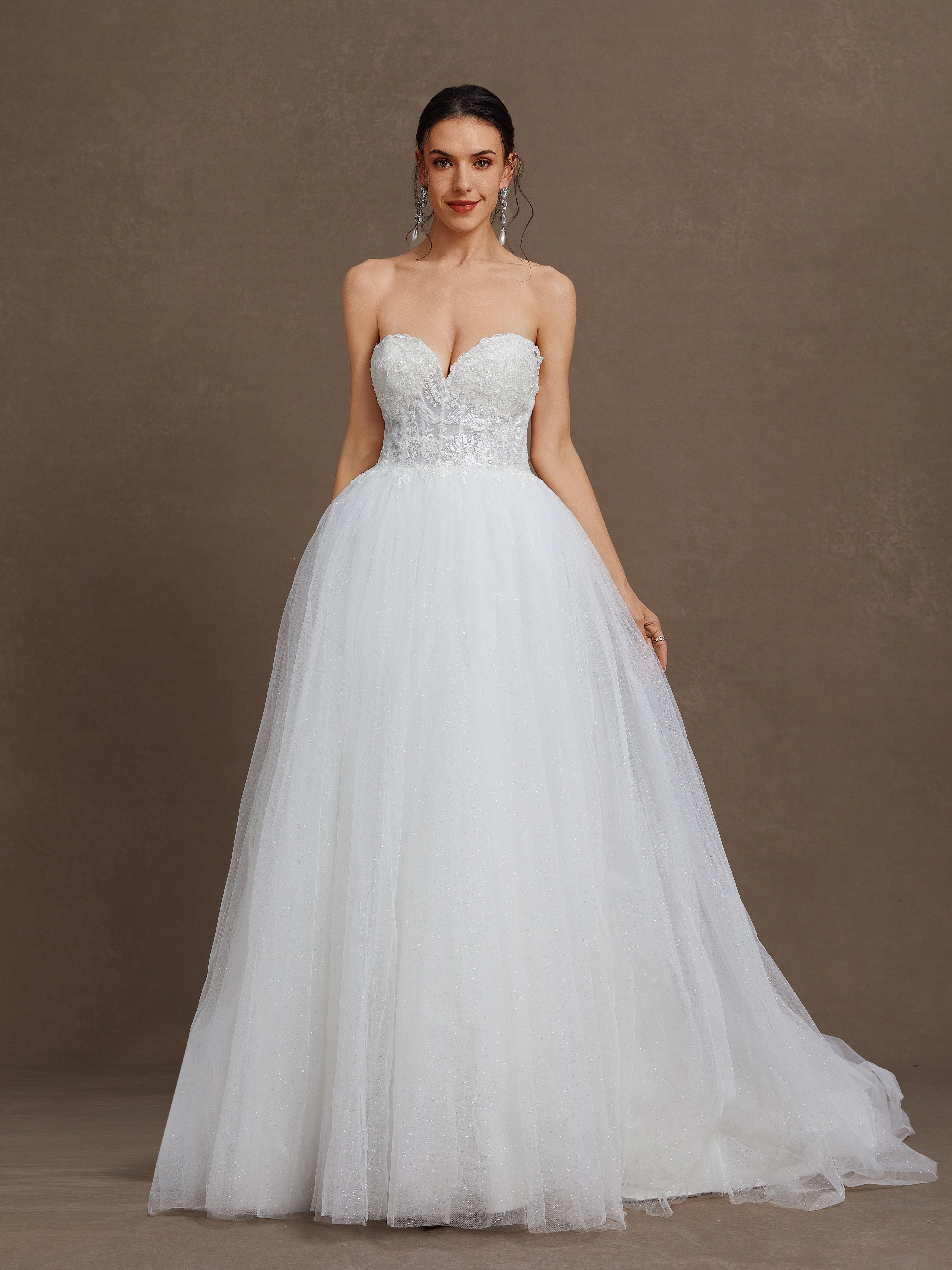 White Mesh Wedding Dress Strapless Sleeveless A-Line Gown