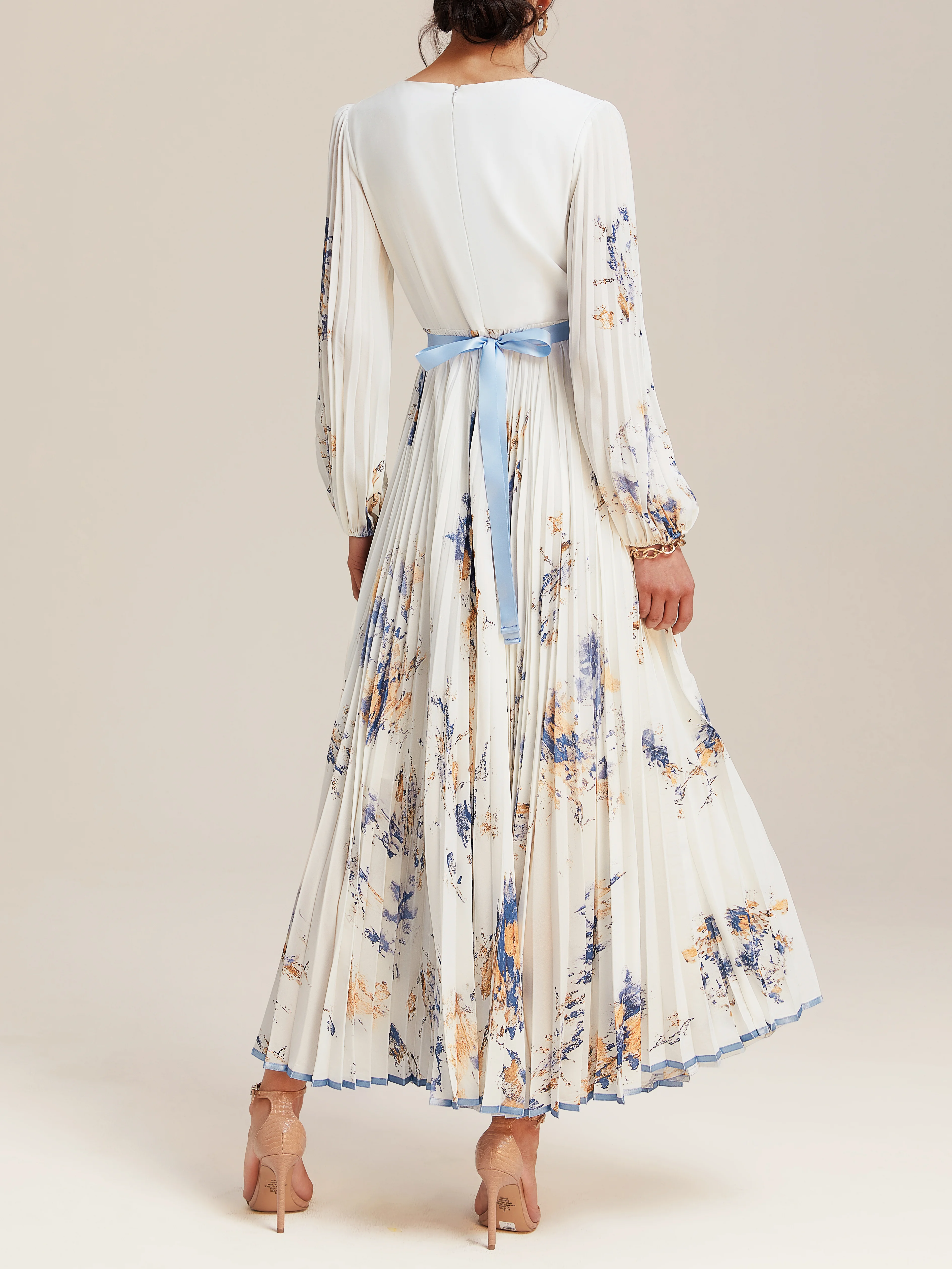 White Pleated Floral Chiffon V Neck Long Sleeve Balloon Sleeve A-Line Maxi Dress