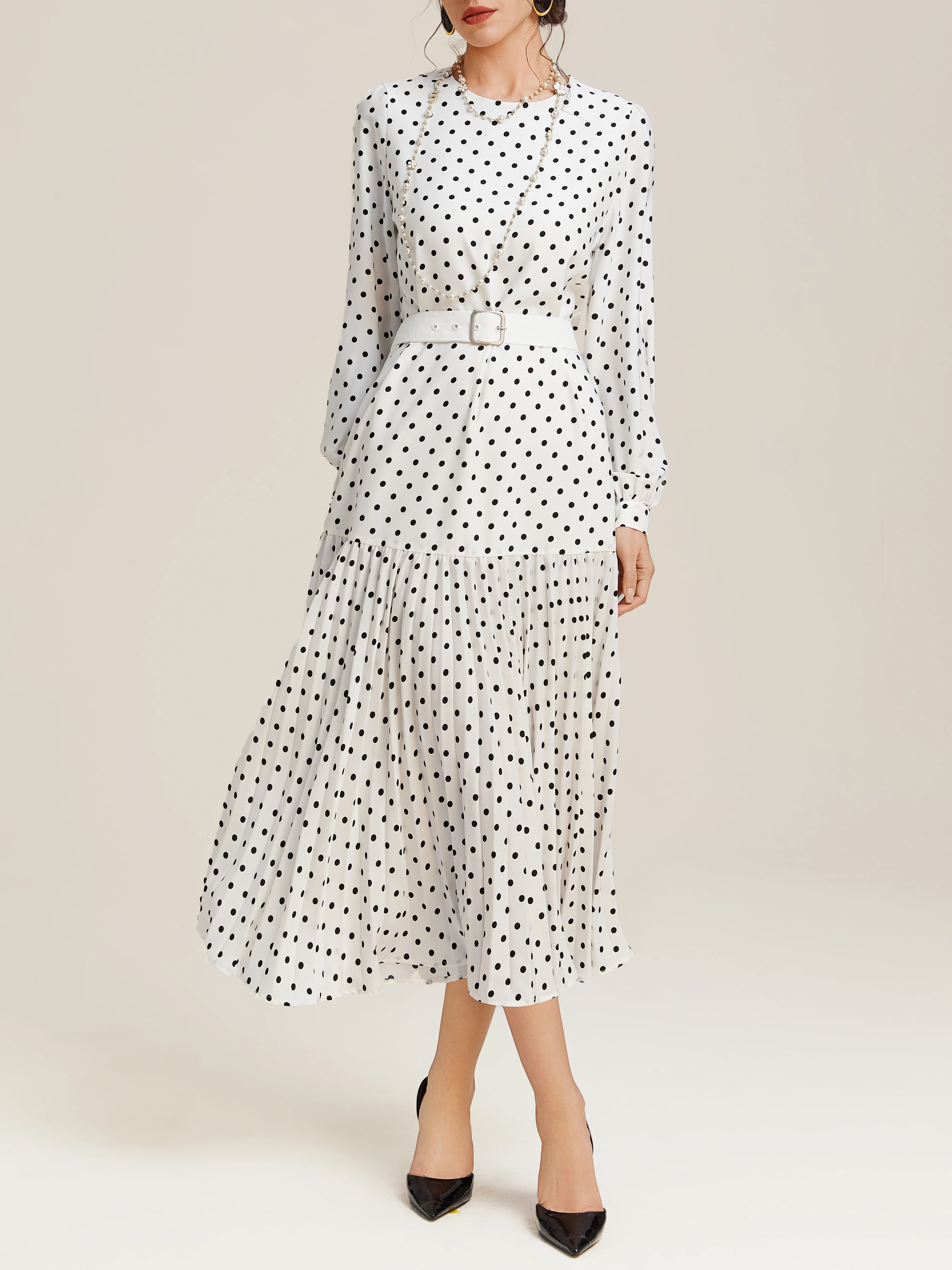White Pleated Polka Dots Classic Crew Neck Long Balloon Sleeve A-Line Midi Dress