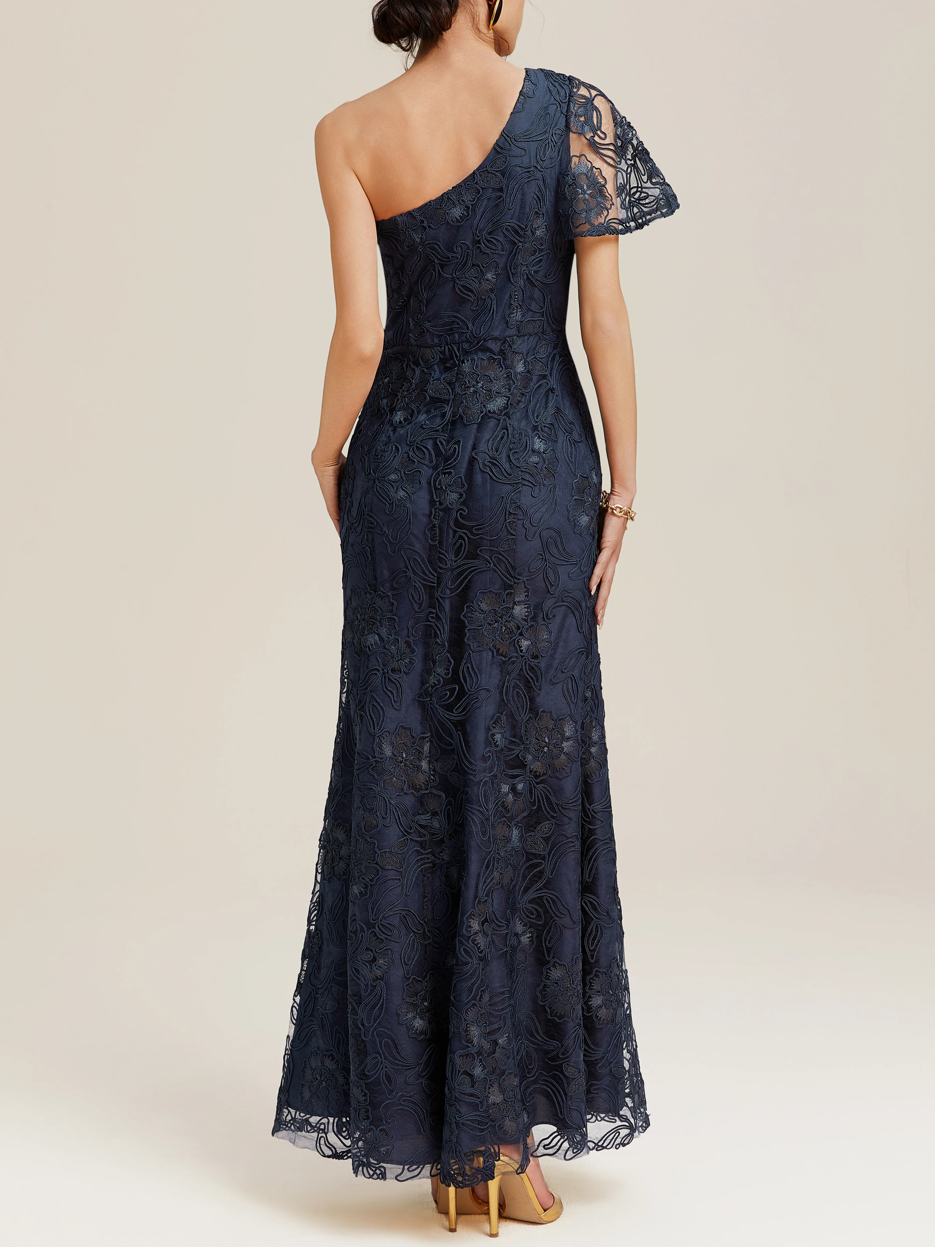 Purplish blue Lace One Shoulder Short Sleeve A-Line Maxi Dress