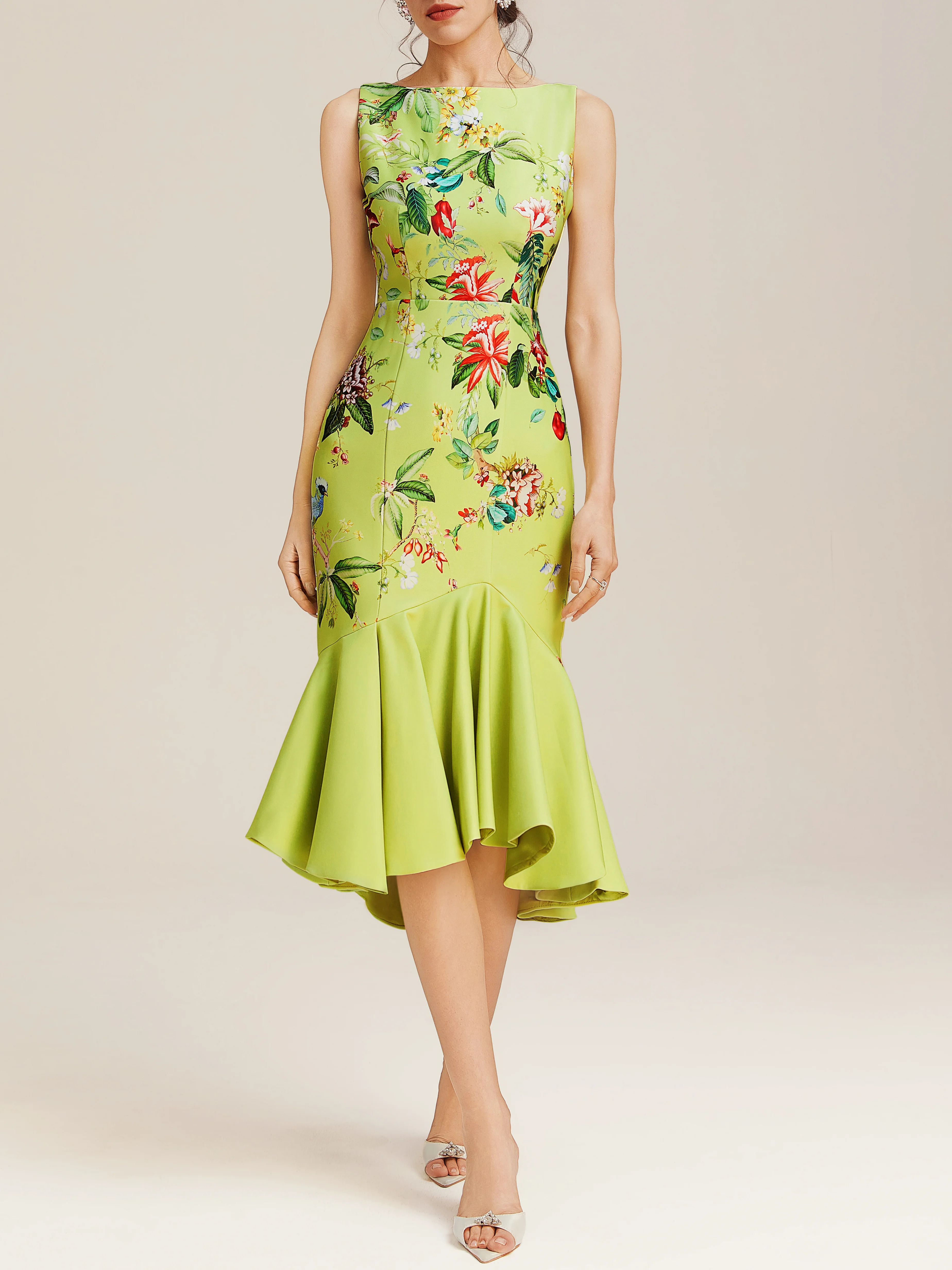 Green Floral Boat Neck Sleeveless Mermaid Midi Dress