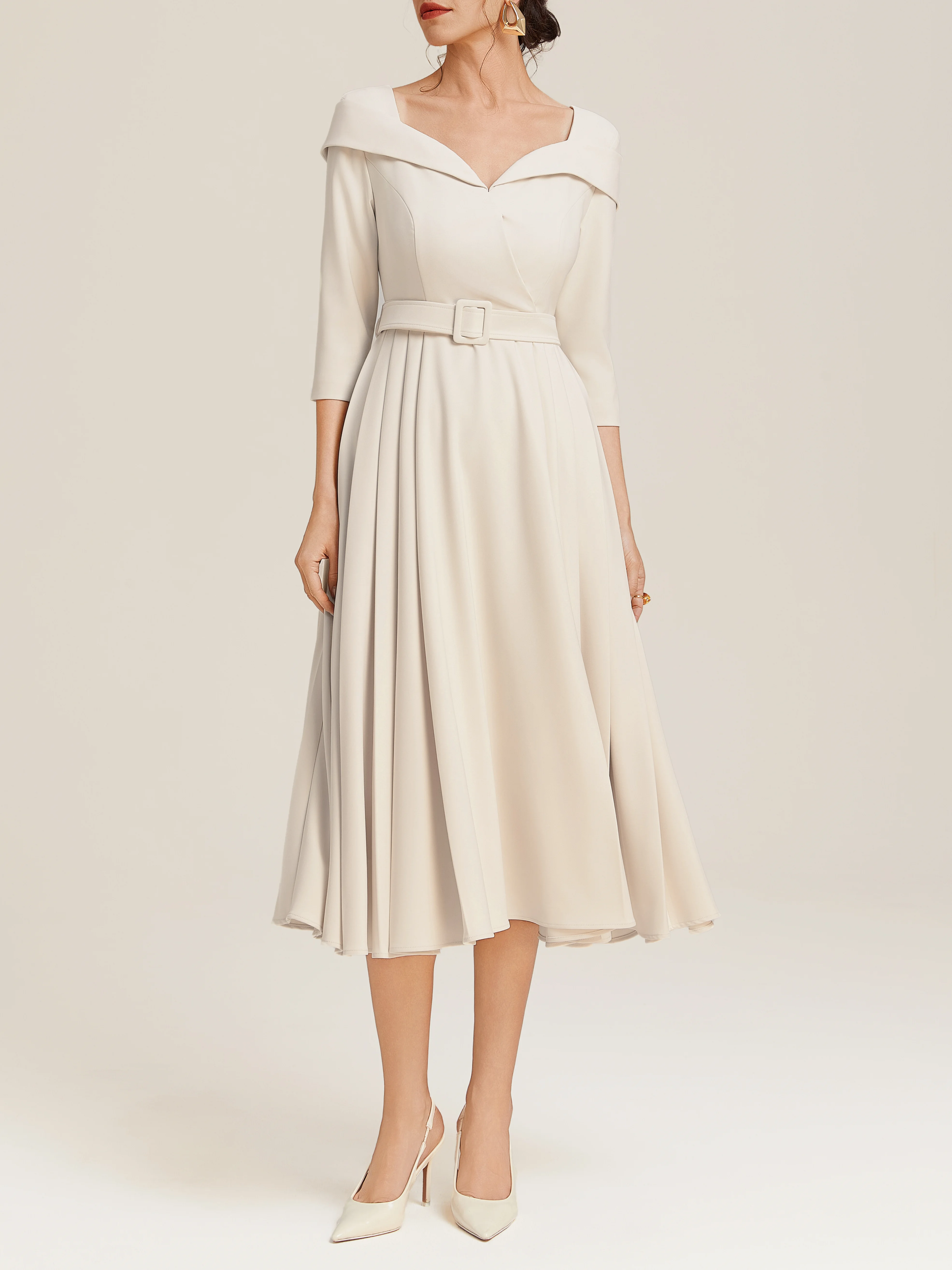 Off White Pleated Ruched Three Quarter Sleeve A-Line Maxi Dress