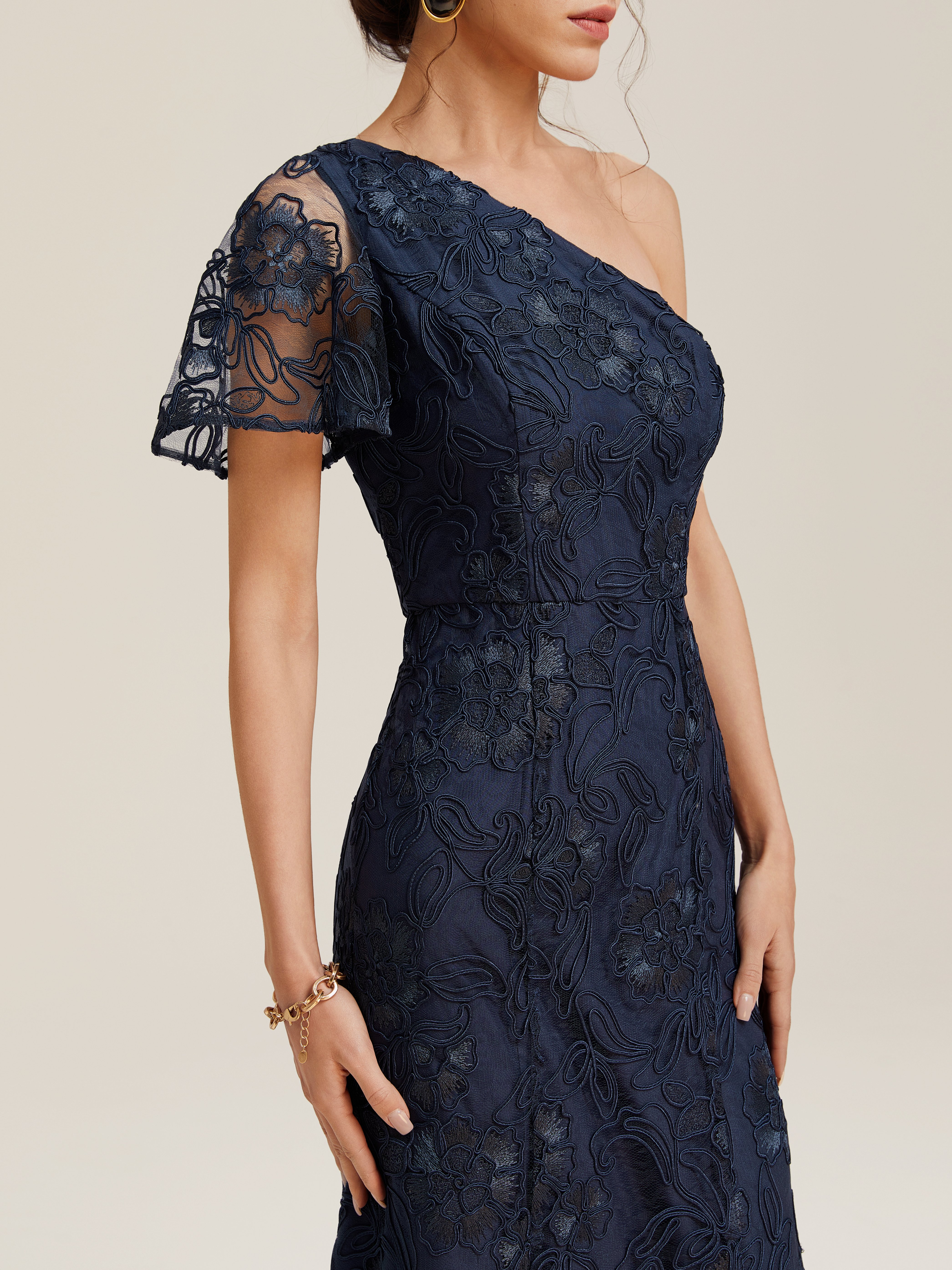 Purplish blue Lace One Shoulder Short Sleeve A-Line Maxi Dress