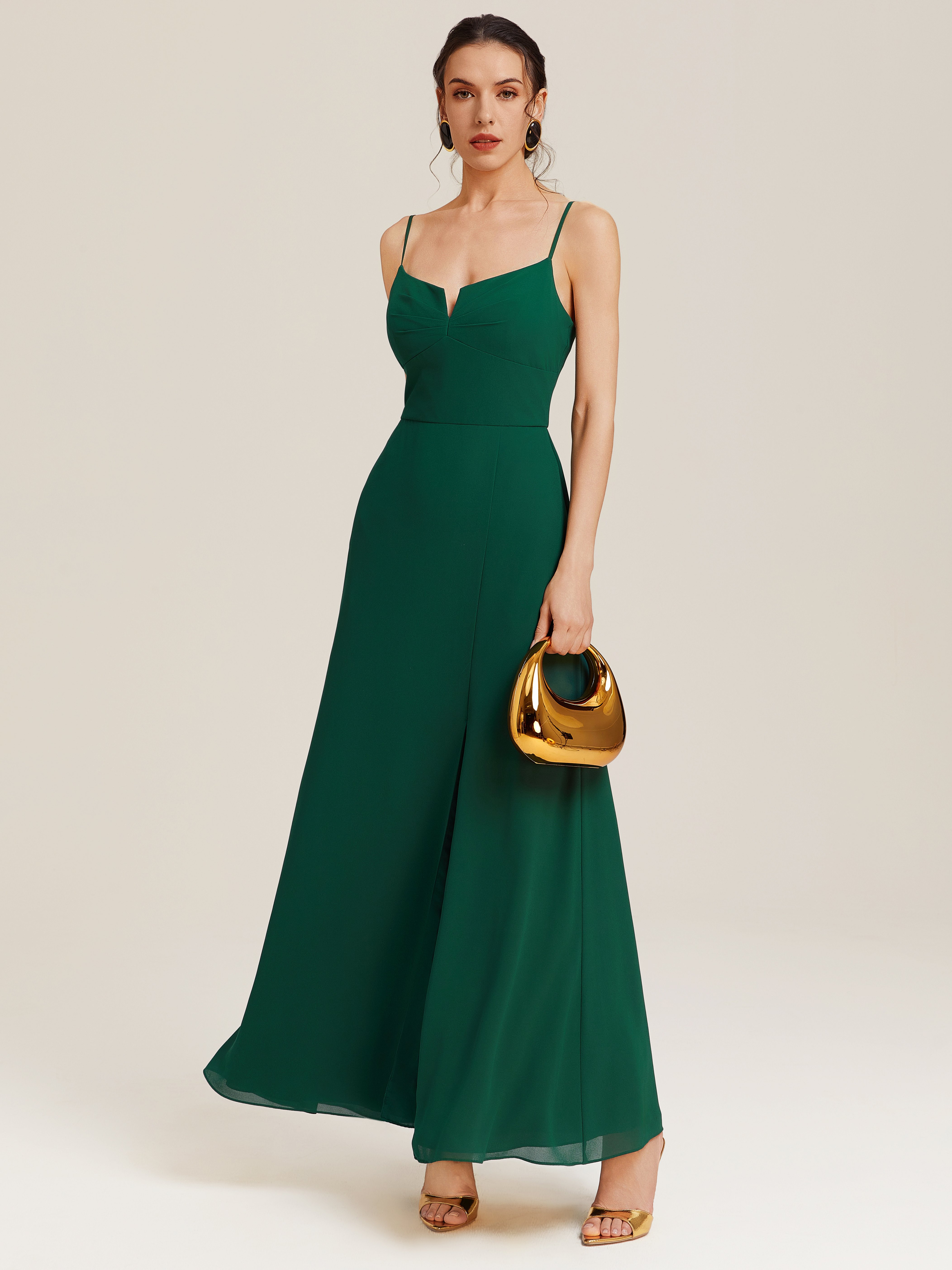 Green Slit Classic Spaghetti Gallus A-Line Maxi Dress