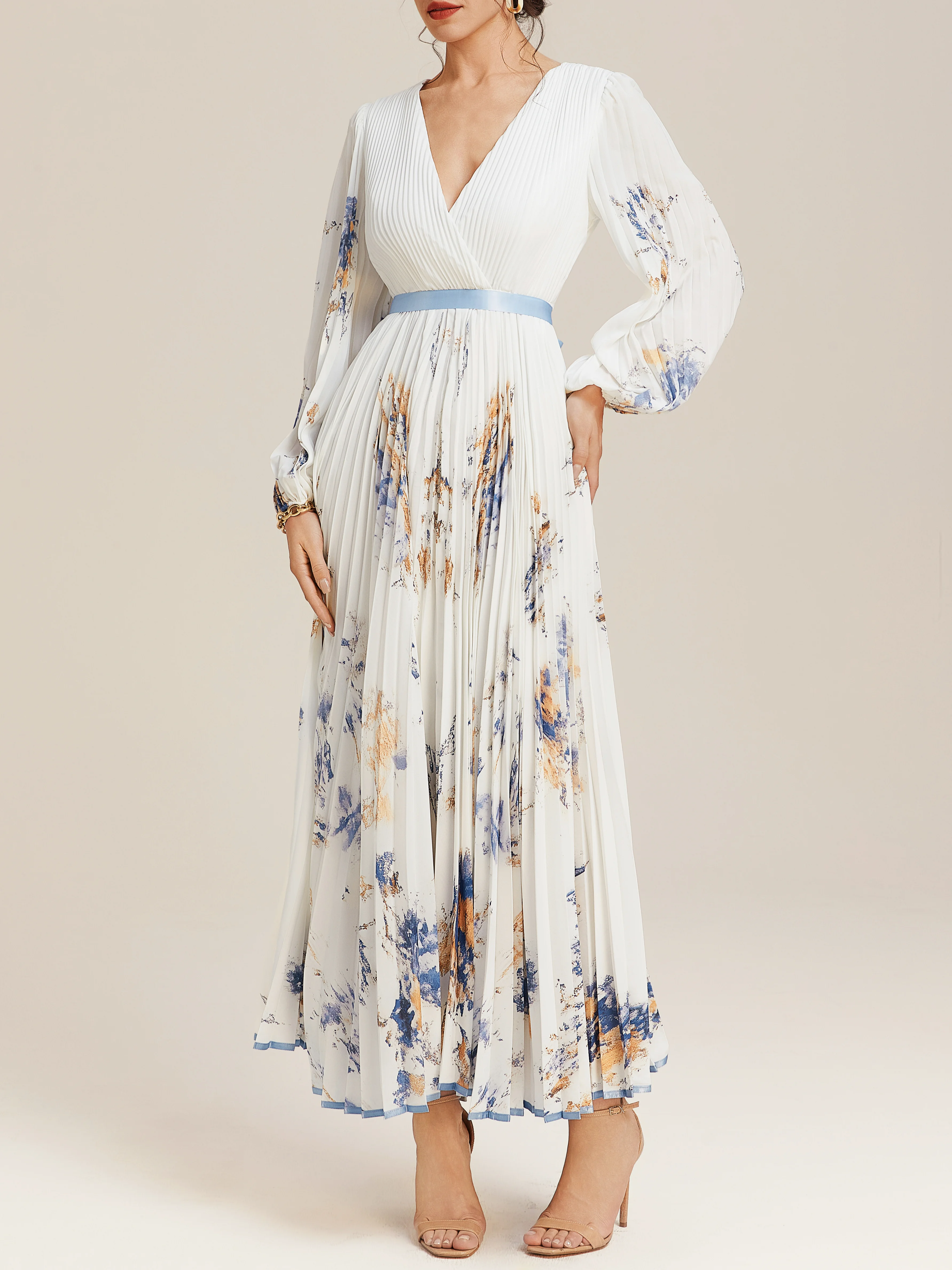 White Pleated Floral Chiffon V Neck Long Sleeve Balloon Sleeve A-Line Maxi Dress