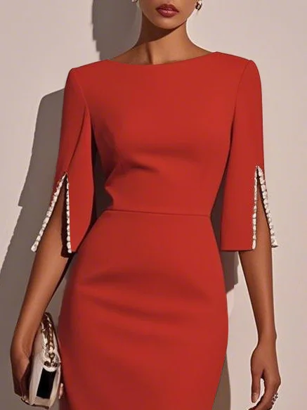 White Imitation Pearls Classic Crew Neck Half Sleeve Sheath Midi Dress