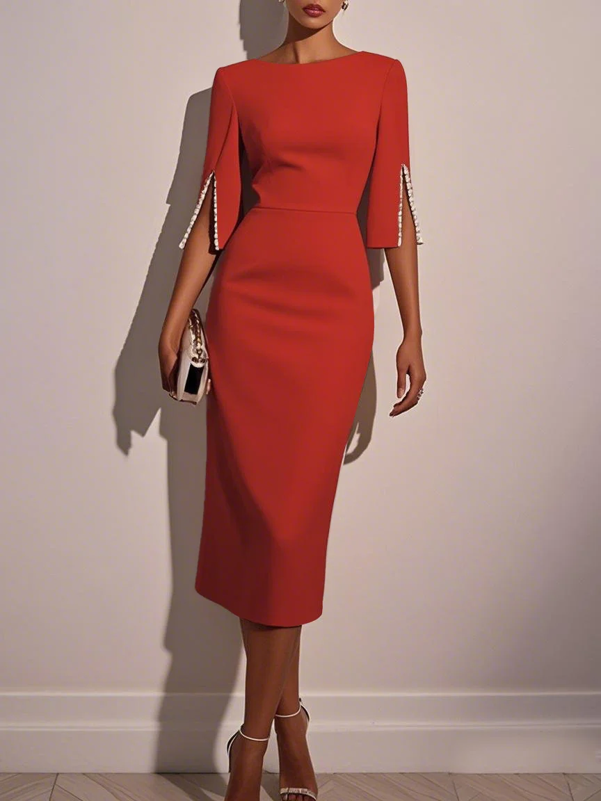 White Imitation Pearls Classic Crew Neck Half Sleeve Sheath Midi Dress