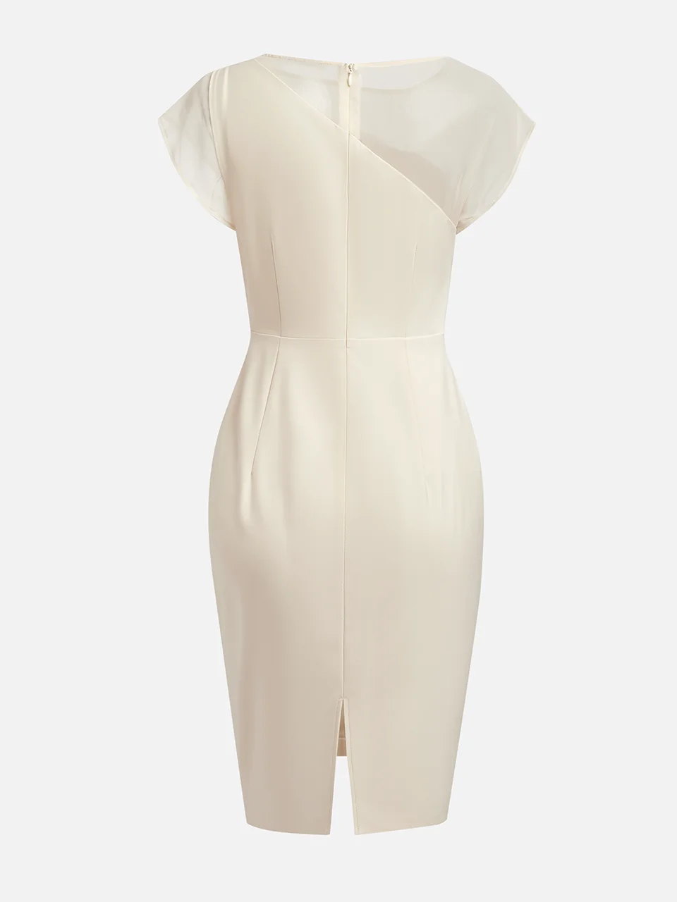 White Boat Neck Midi Sheath Satin Dress With Brooch