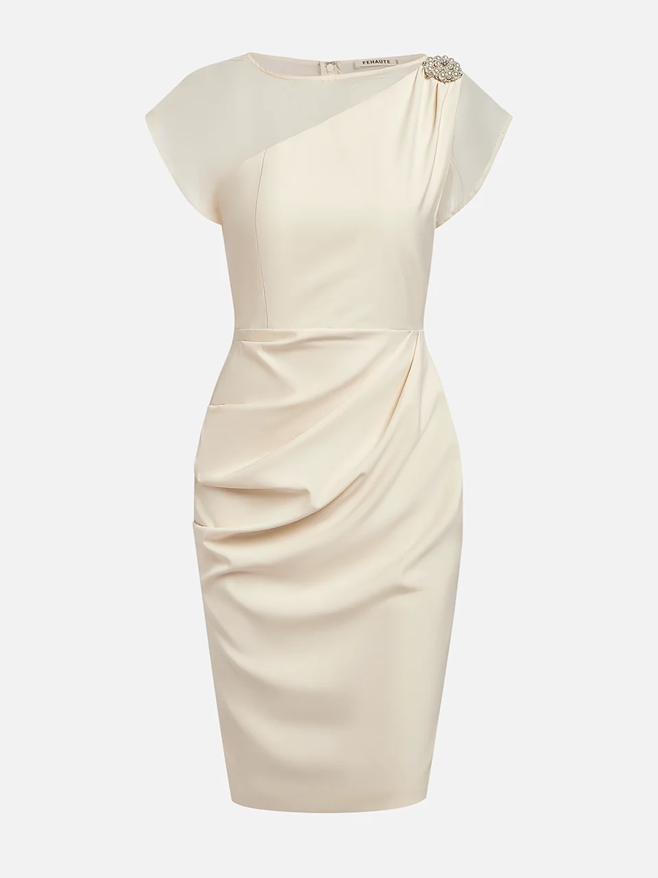 White Boat Neck Midi Sheath Satin Dress With Brooch