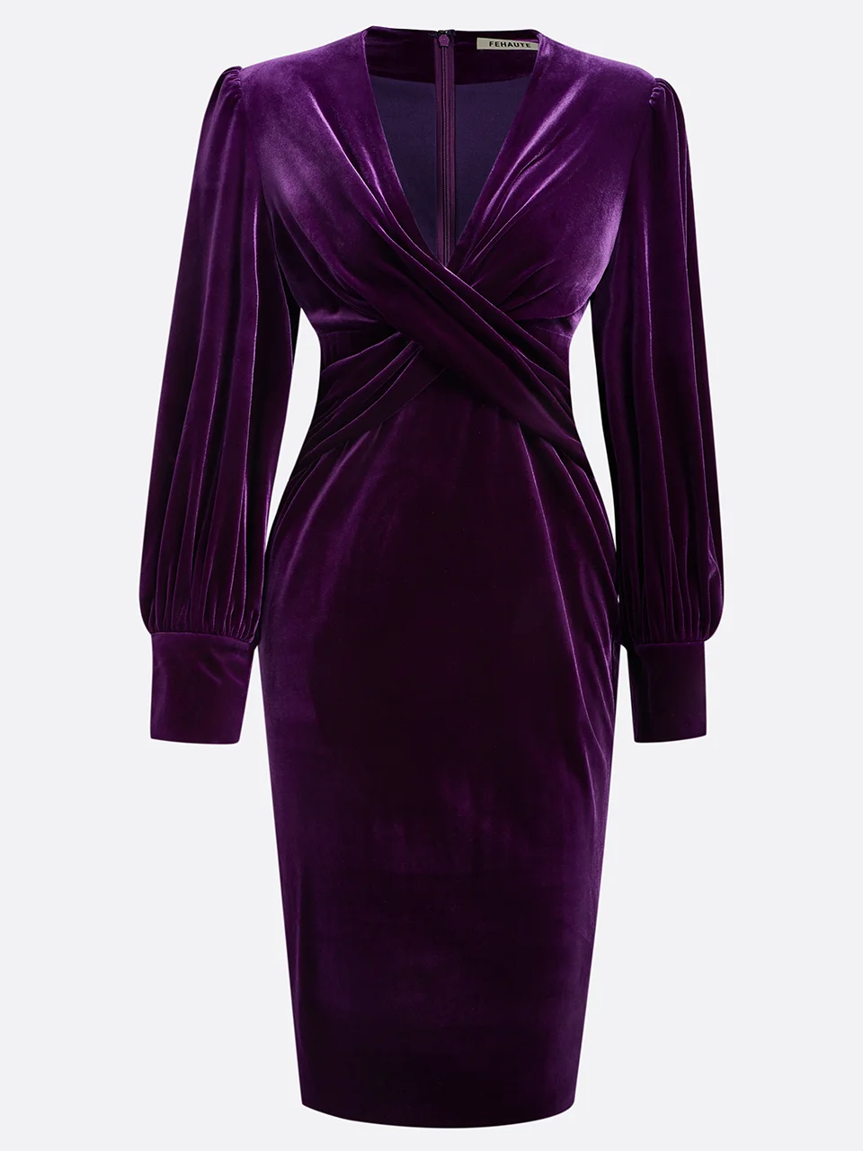 Purple Cross Ruched Velvet V Neck Long Sleeve Puff Sleeve Sheath Midi Dress