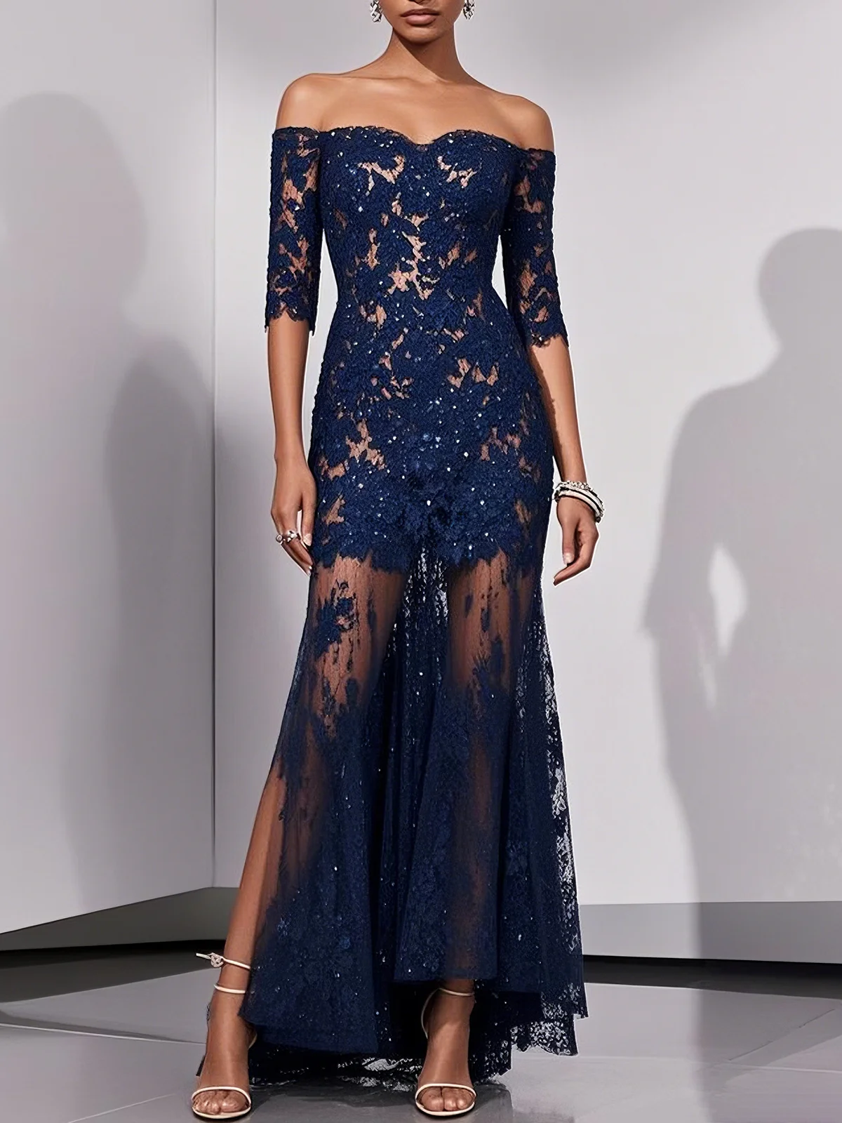 Purplish Blue Lace Off The Shoulder Half Sleeve Sheath Maxi Dress