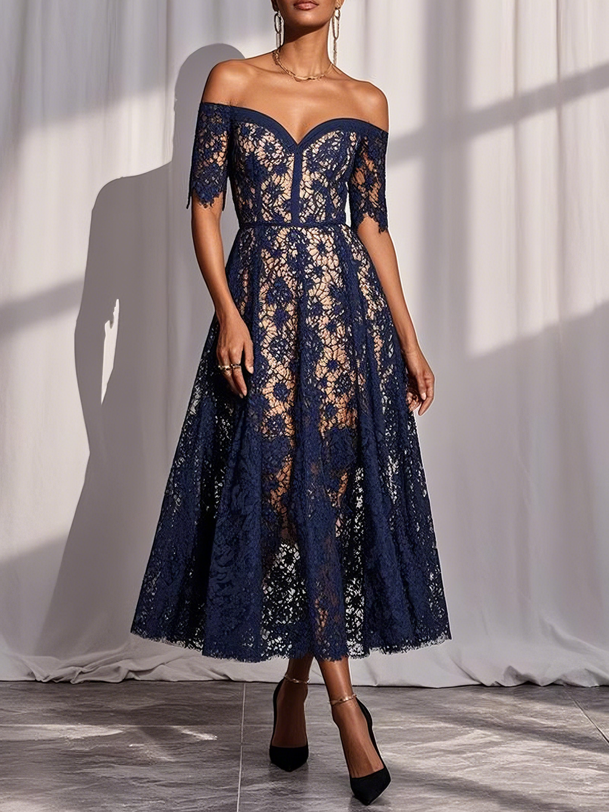 Purplish Blue Lace Off The Shoulder Short Sleeve A-Line Midi Dress