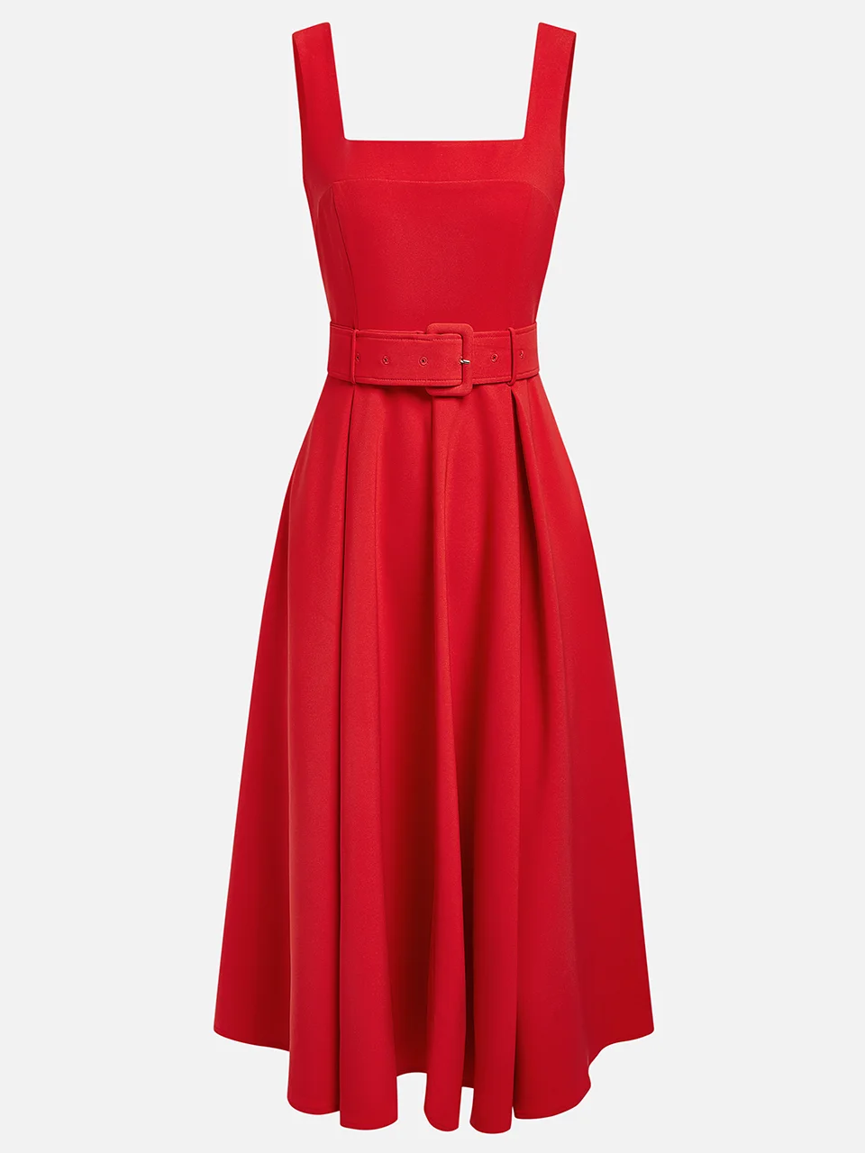 Red Square Neck Sleeveless A-Line Midi Dress