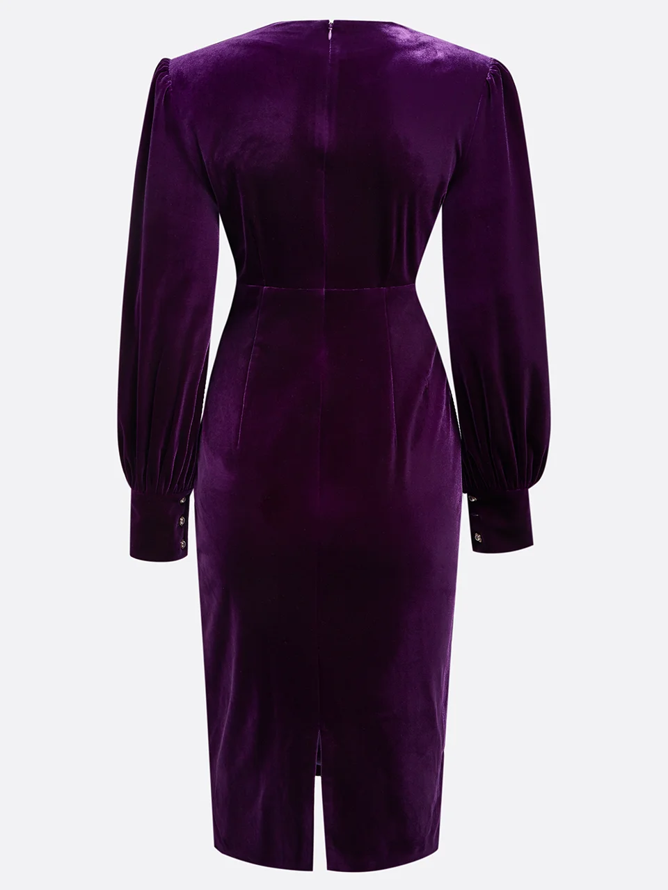 Purple Cross Ruched Velvet V Neck Long Sleeve Puff Sleeve Sheath Midi Dress