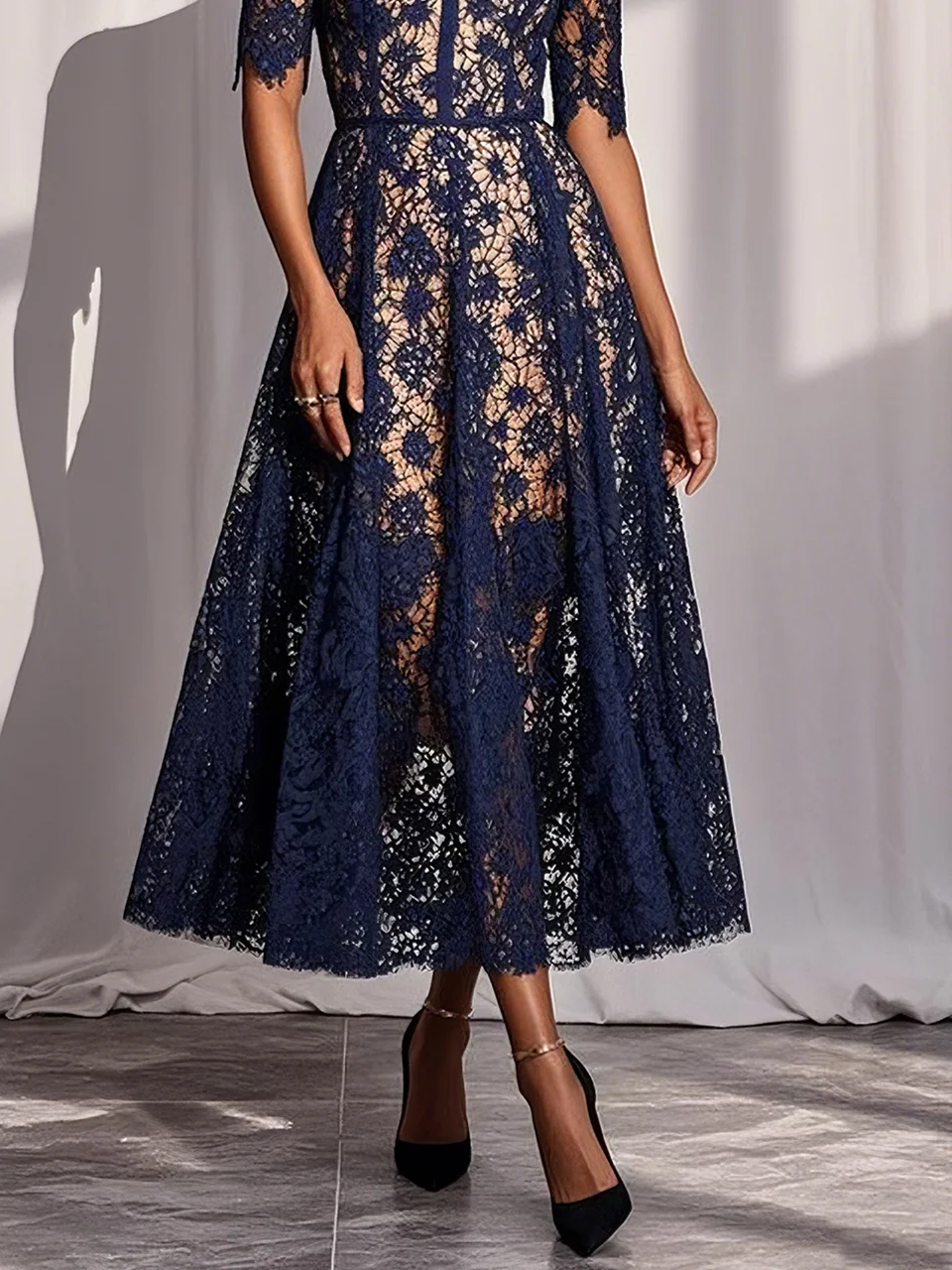 Purplish Blue Lace Off The Shoulder Short Sleeve A-Line Midi Dress